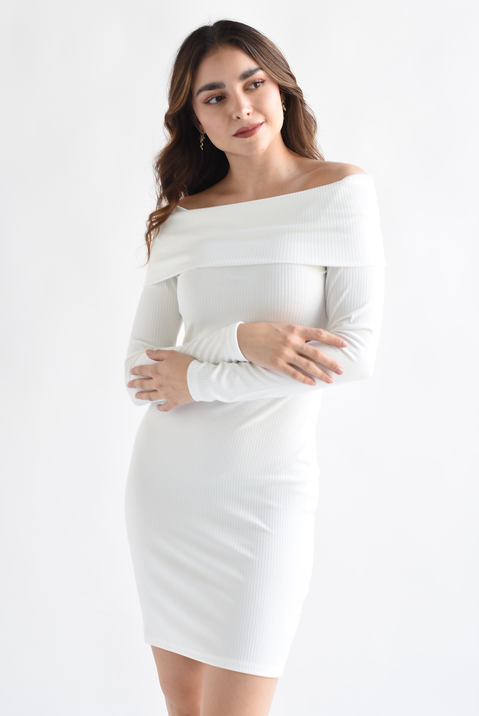 Vestido off-shoulder licra canalé Blanco