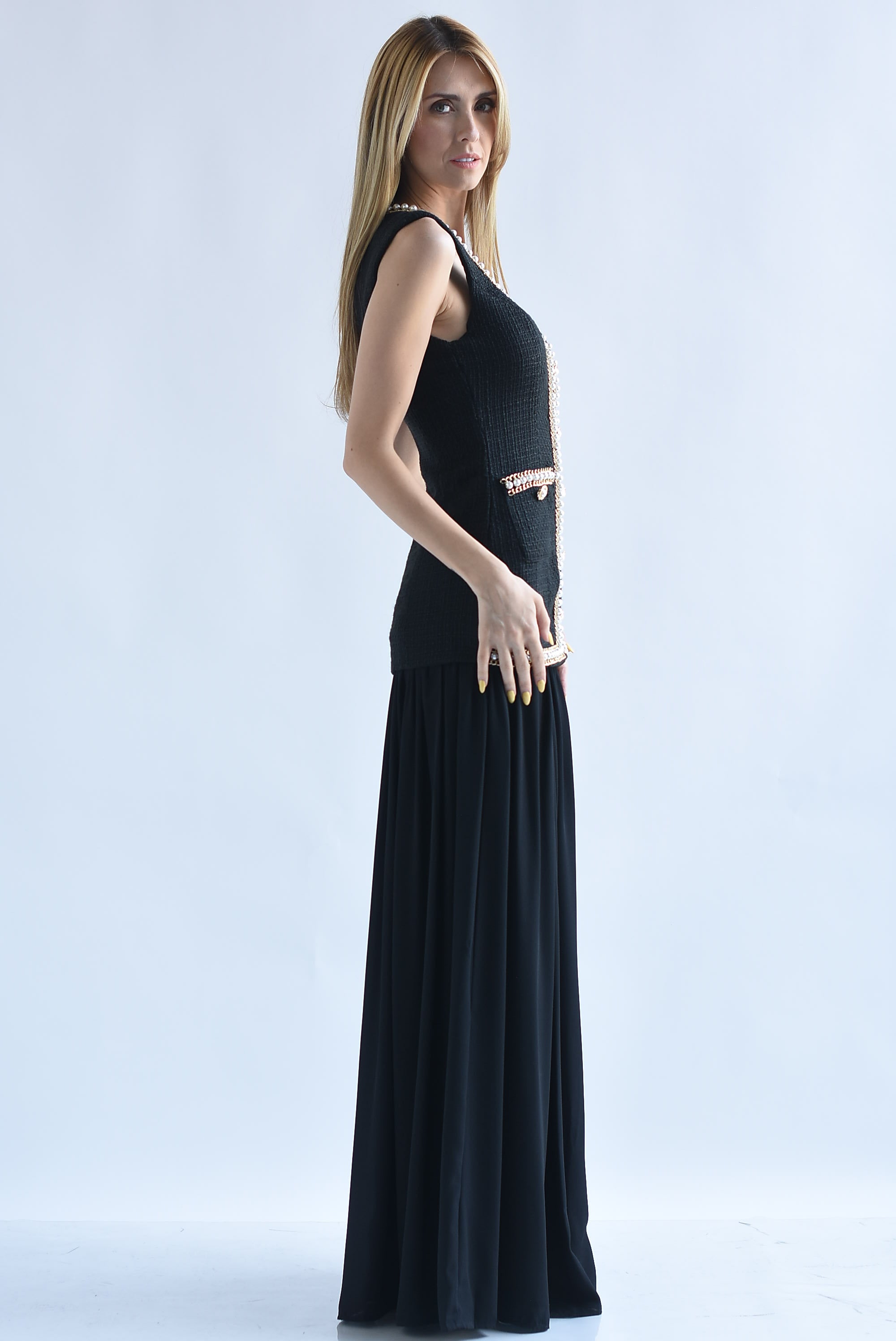Vestido torso largo tweed perlas