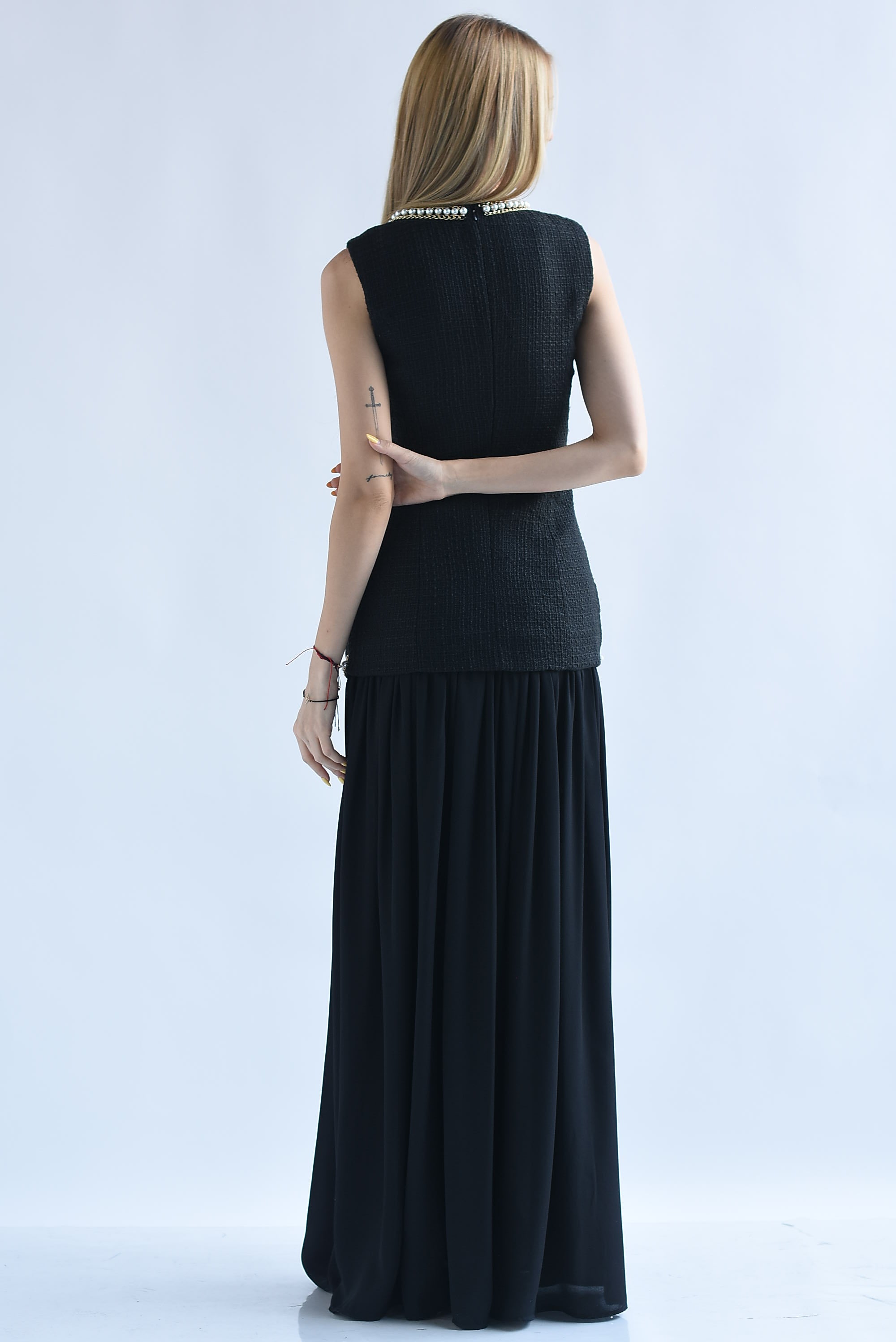 Vestido torso largo tweed perlas