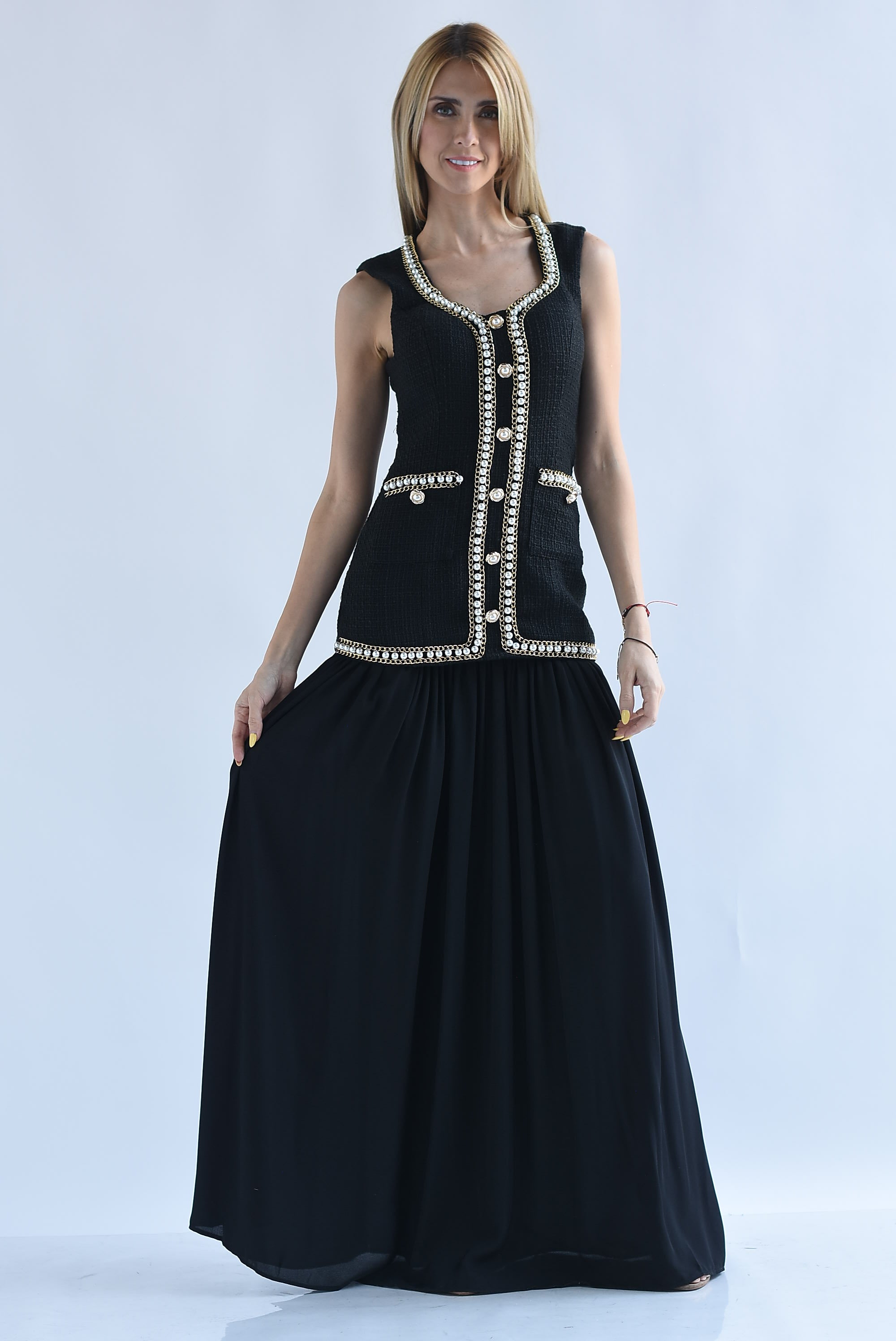 Vestido torso largo tweed perlas