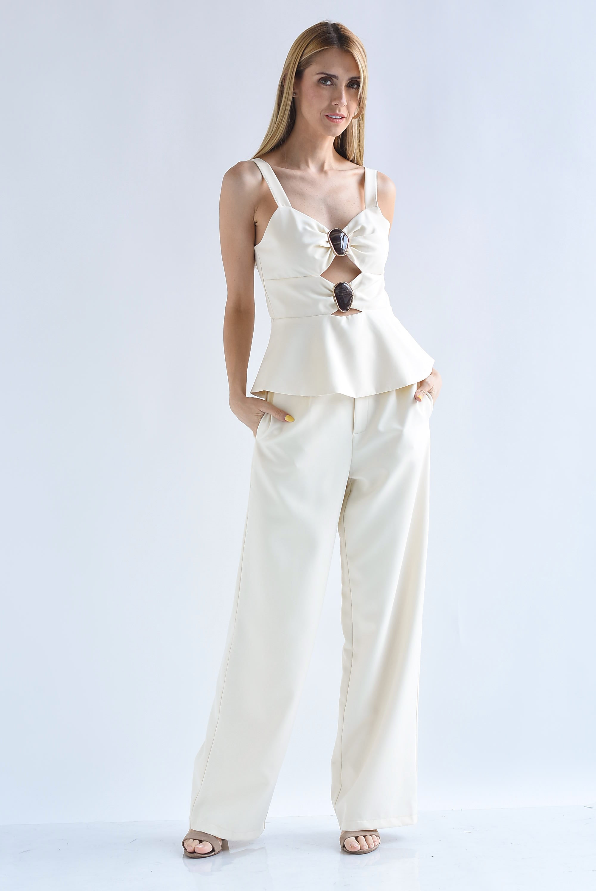 Set Pantalón y Blusa peplum piedra