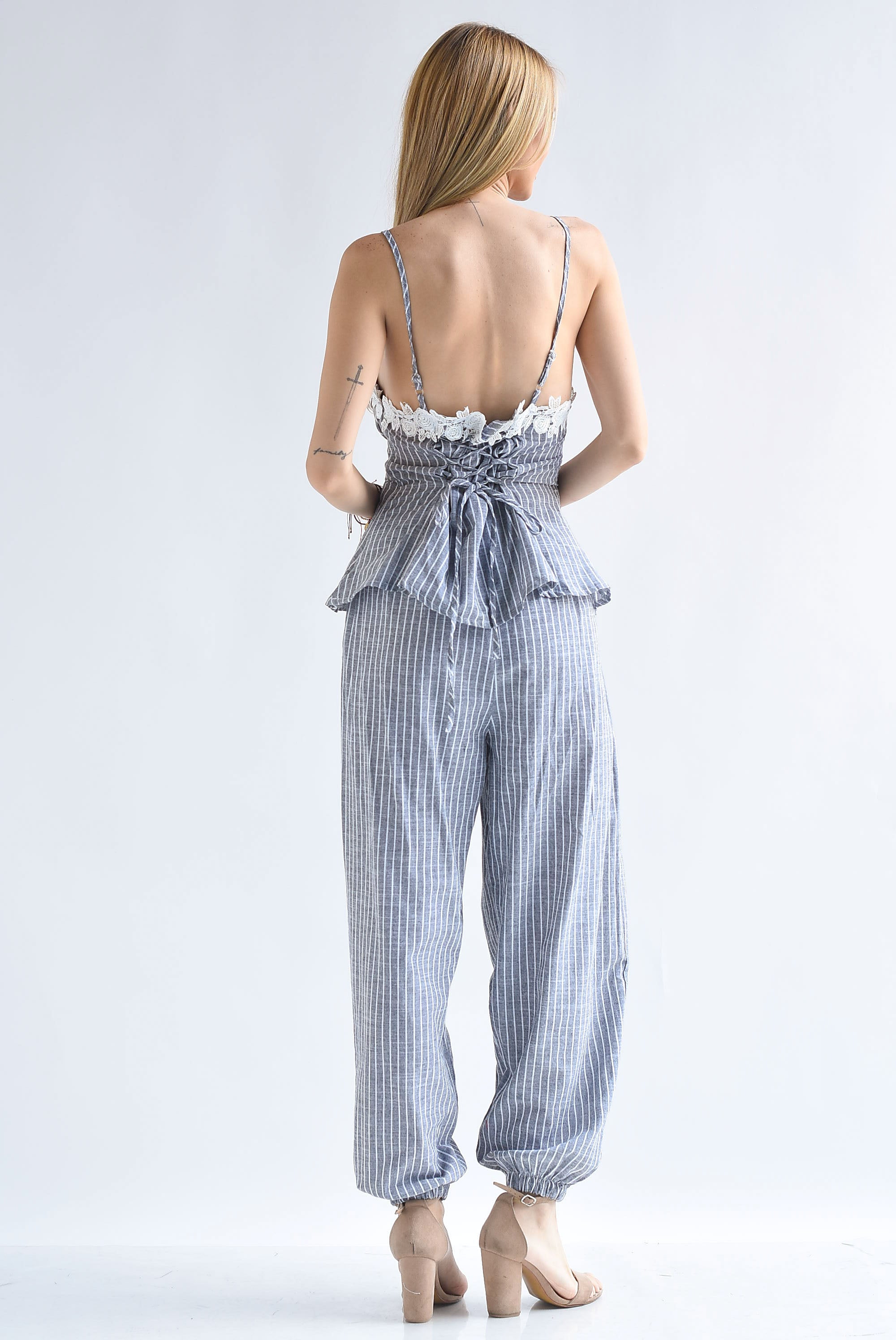 Set Pantalón y Blusa peplum encaje rayas
