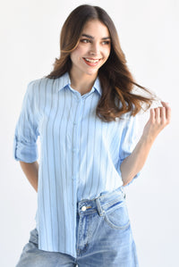 Fashion Styled Camisa rayas tipo lino Azul