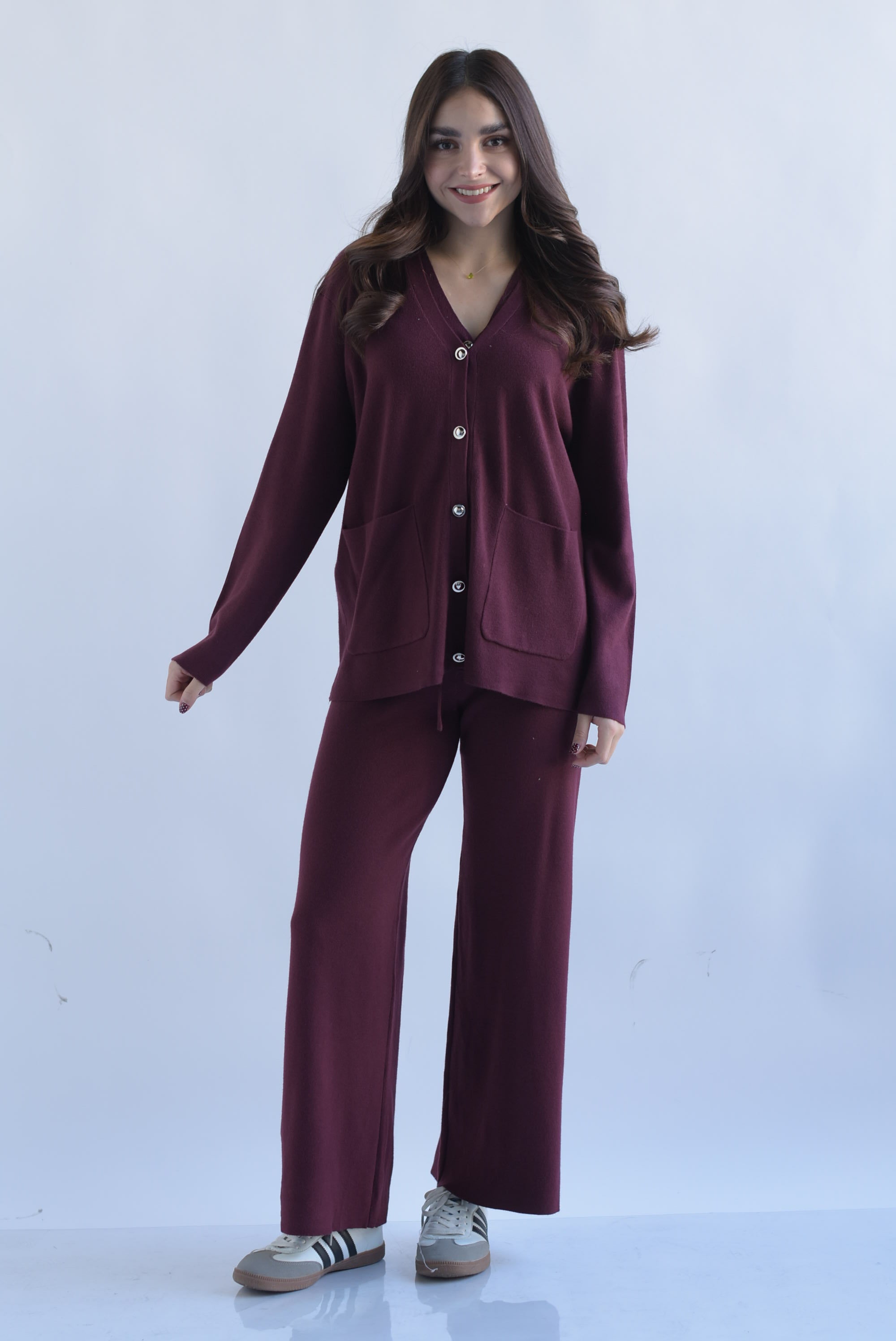 Set Pantalón Cárdigan y Chaleco punto Vino