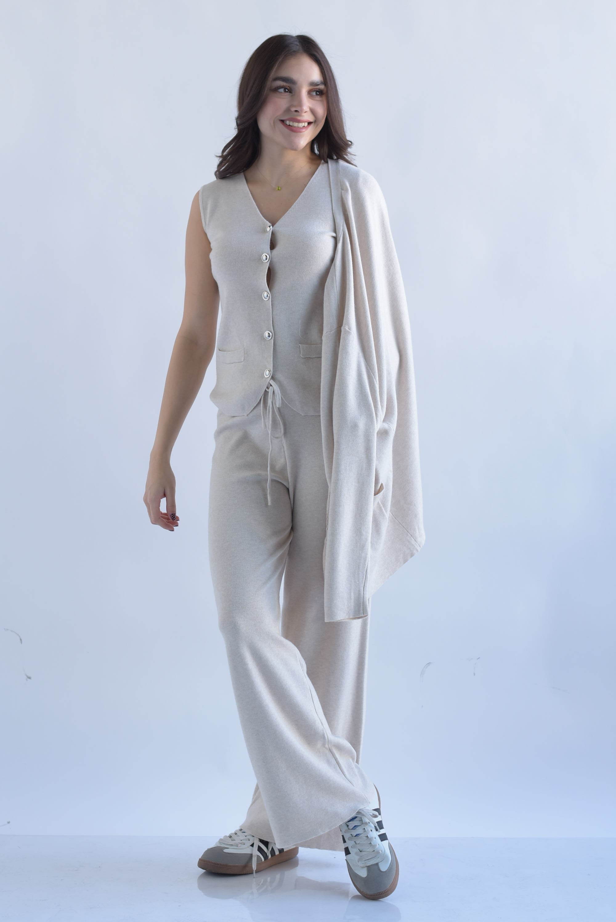 Set Pantalón Cárdigan y Chaleco punto Arena