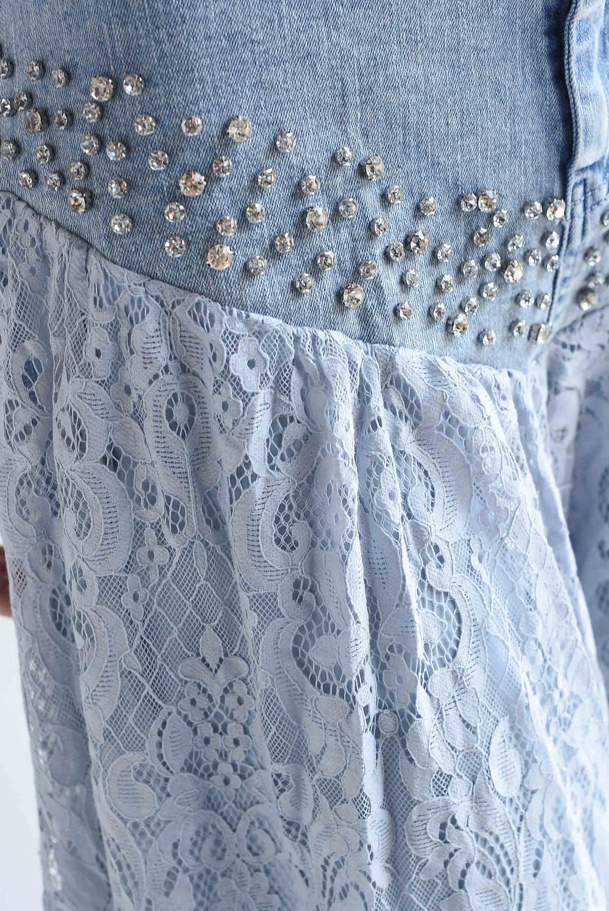 Set Pantalón globo encaje y Top Denim brillos
