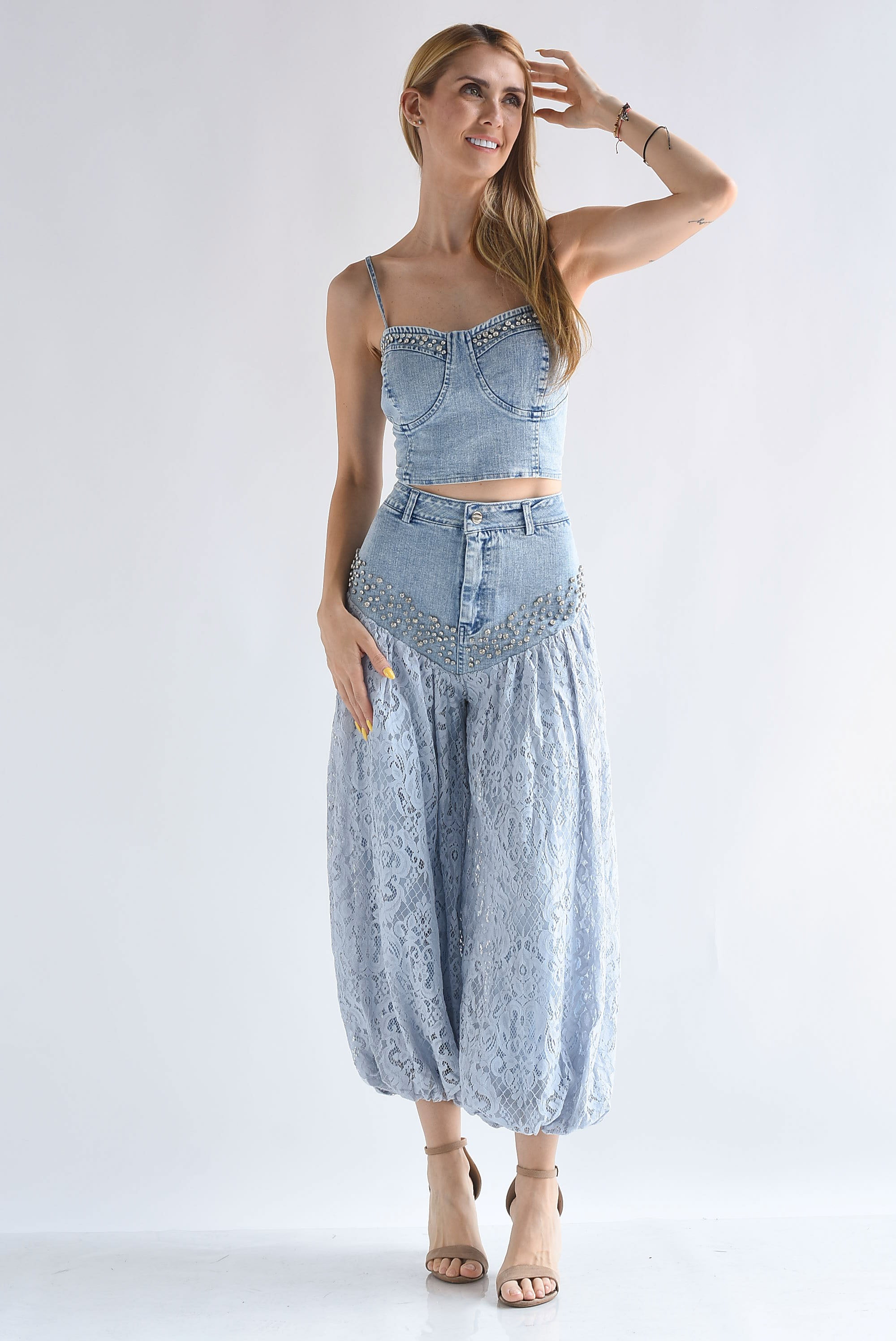 Set Pantalón globo encaje y Top Denim brillos