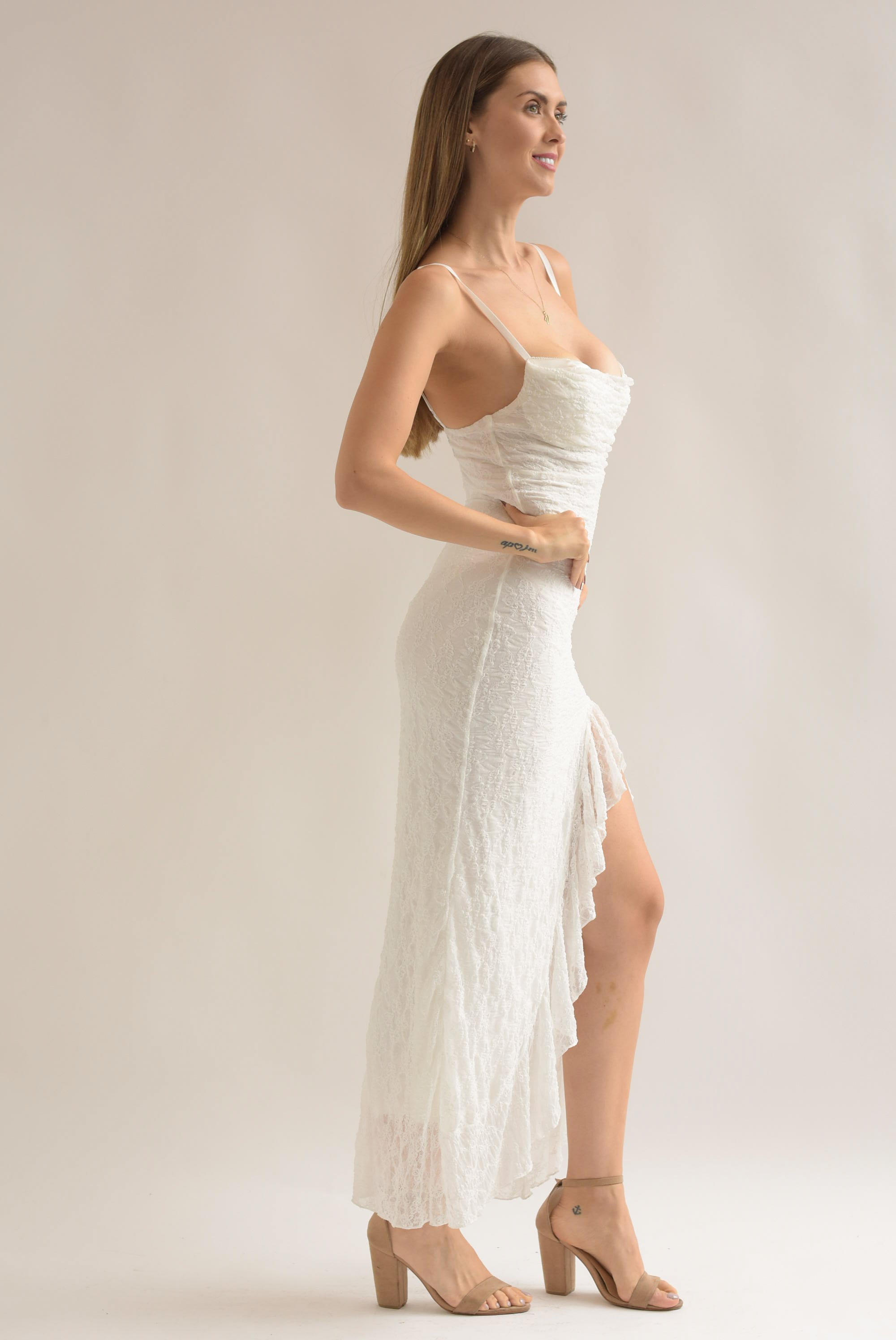 Vestido lencero copas encaje Blanco