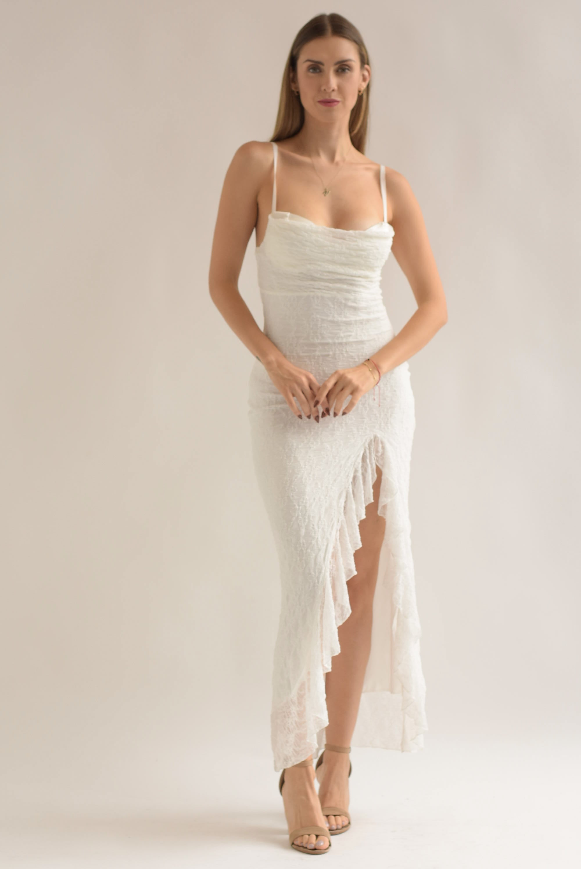 Vestido lencero copas encaje Blanco