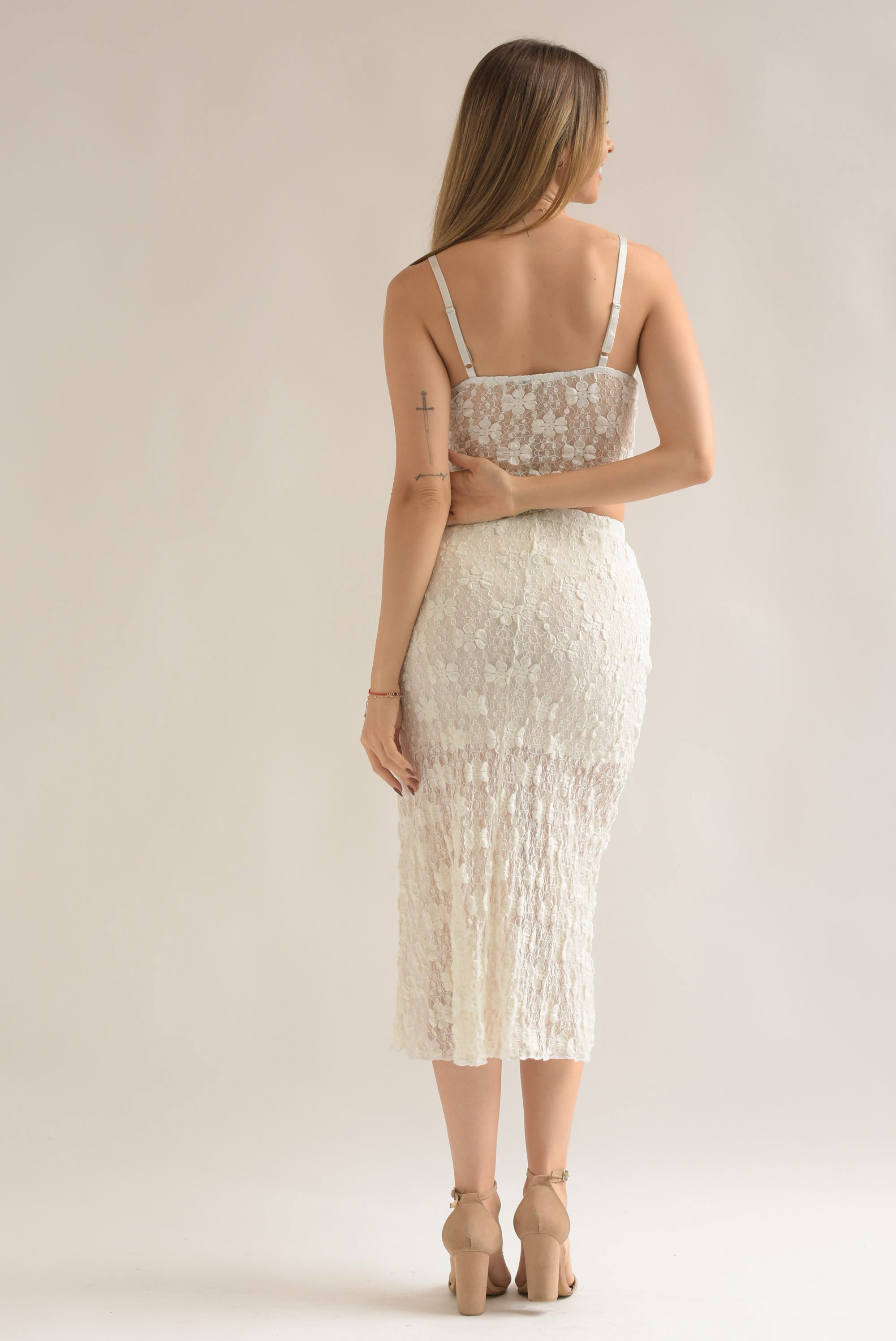 Set Falda y Top lencero encaje stretch Blanco