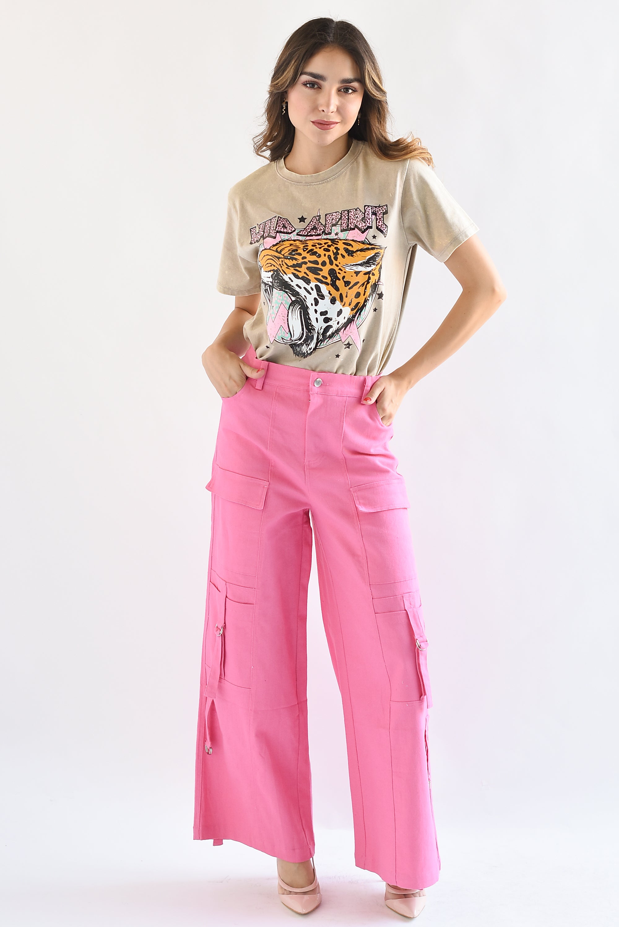 Pantalón pierna ancha cargo Rosa Barbie