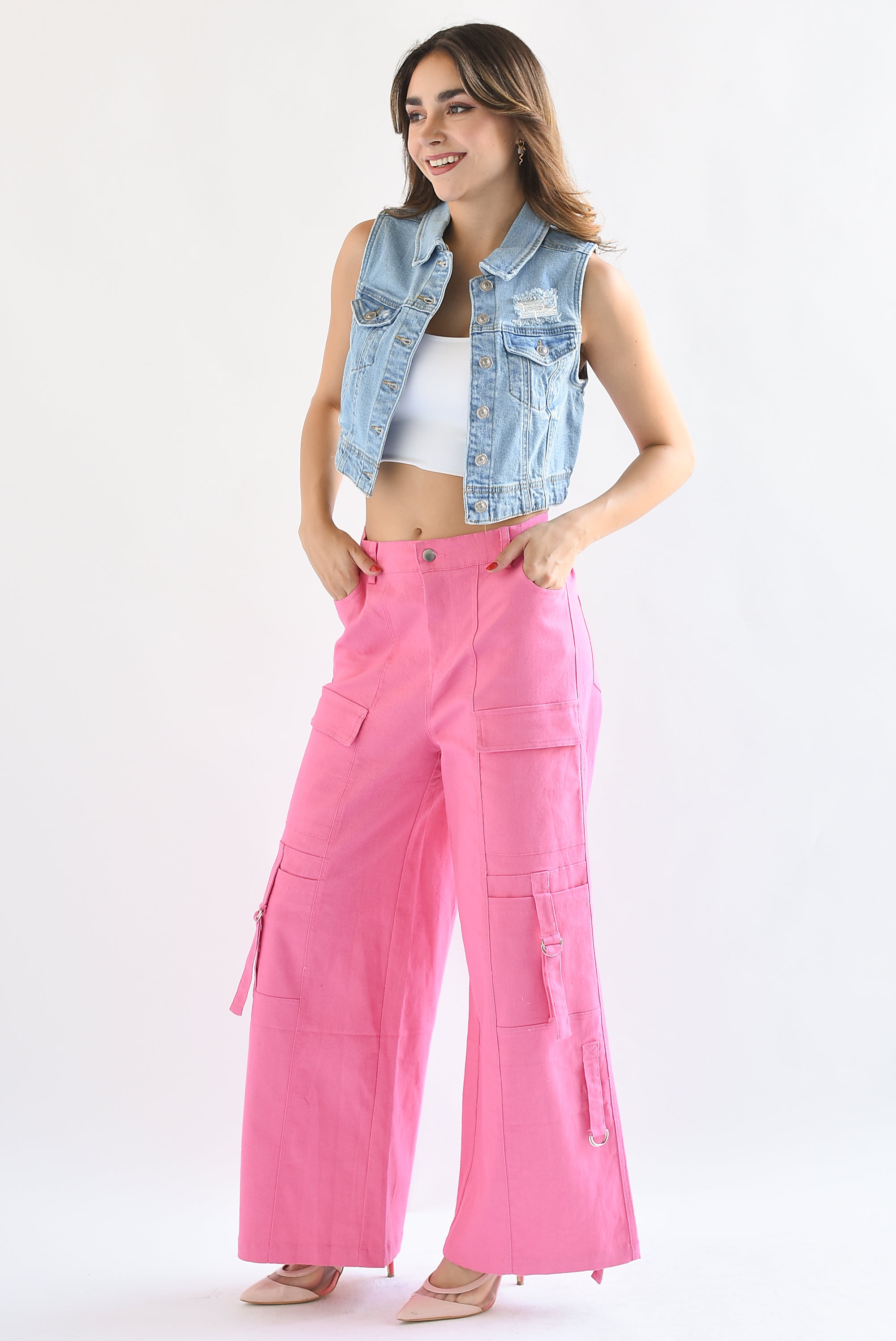 Pantalón pierna ancha cargo Rosa Barbie
