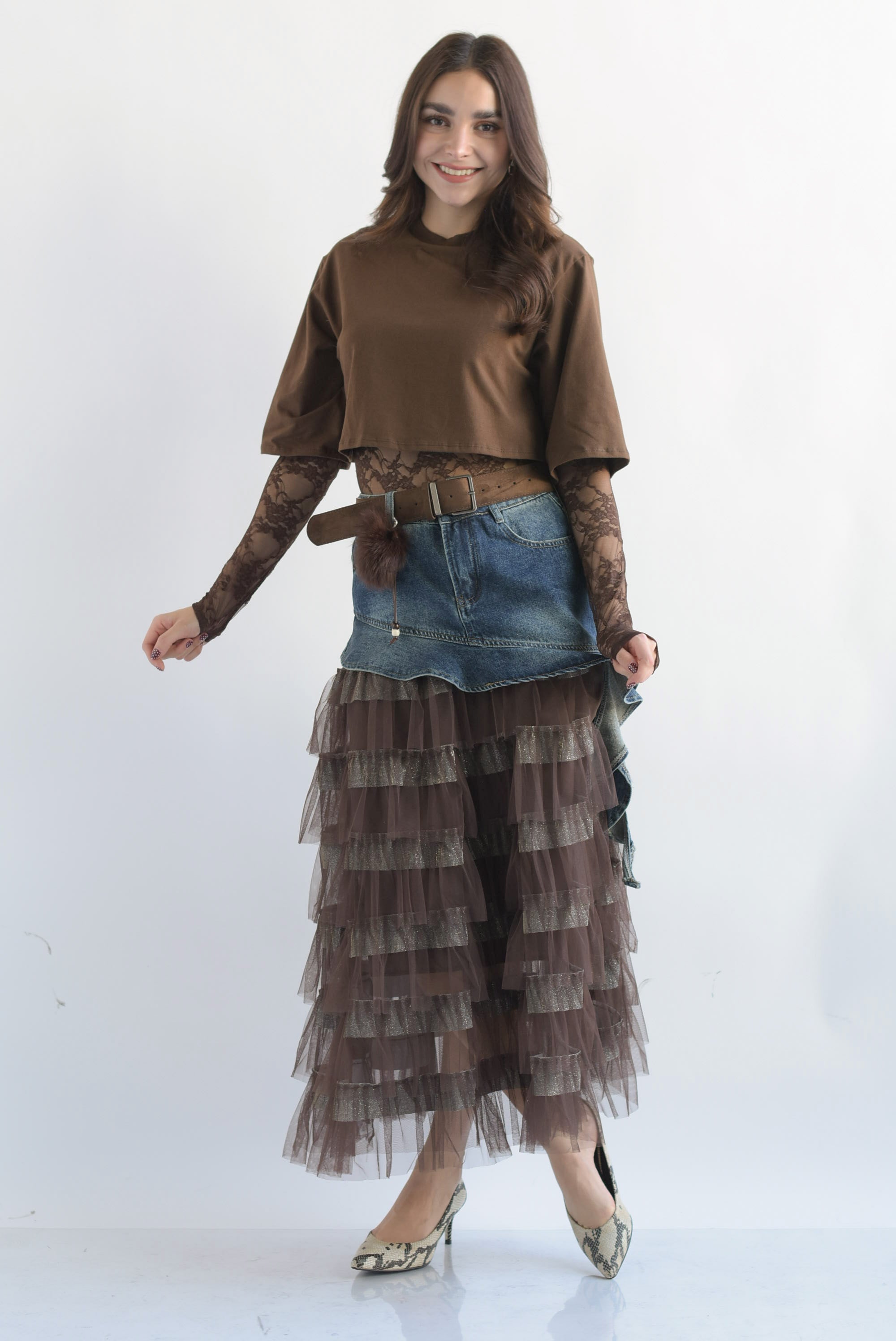 Falda olanes tulle pretina denim Espresso