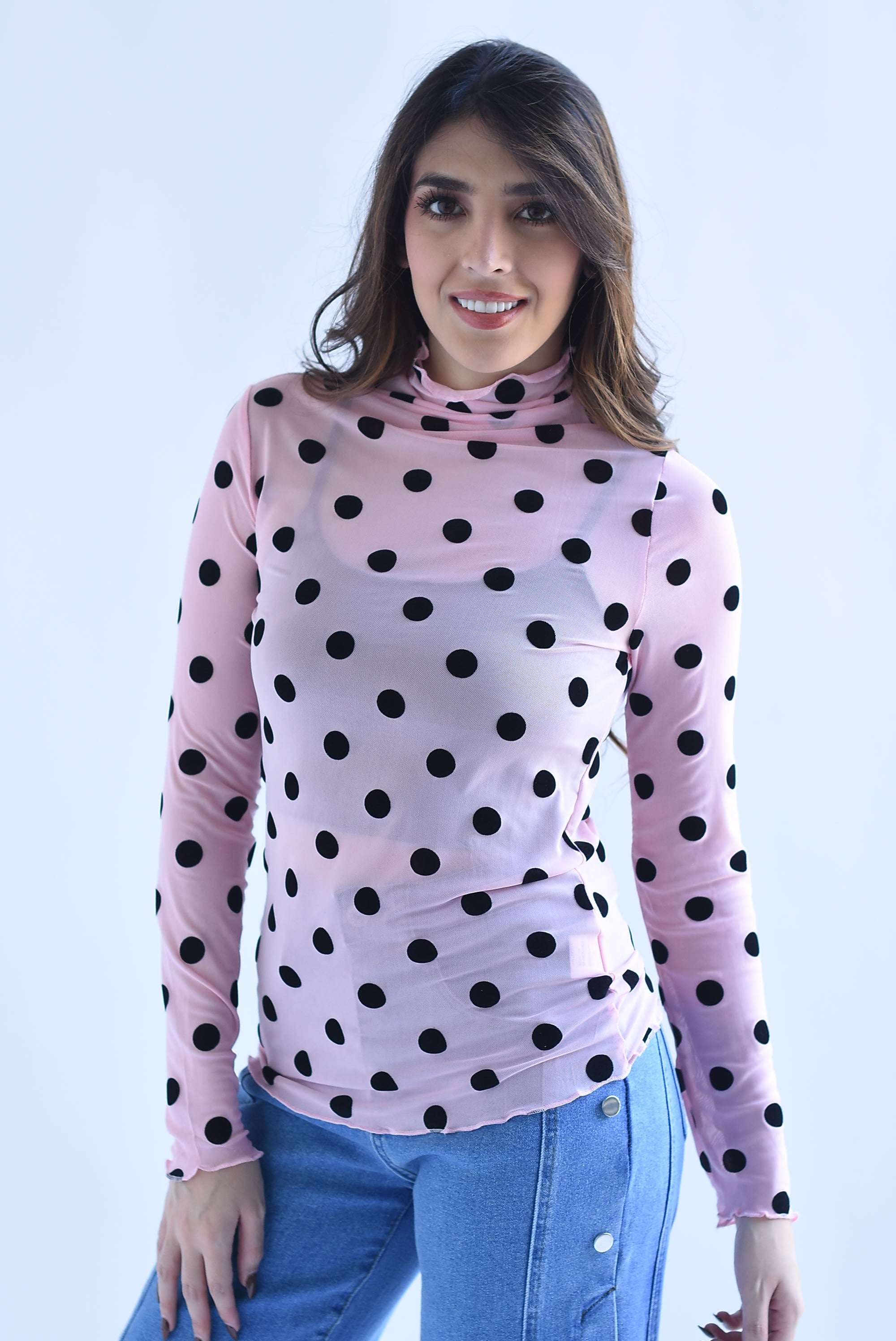 Blusa mesh manga larga polka dots terciopelo