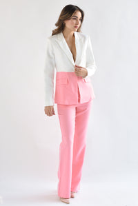 Fashion Styled Set Pantalón y Blazer bitono Blanco con Rosa