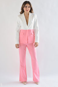 Fashion Styled Set Pantalón y Blazer bitono Blanco con Rosa
