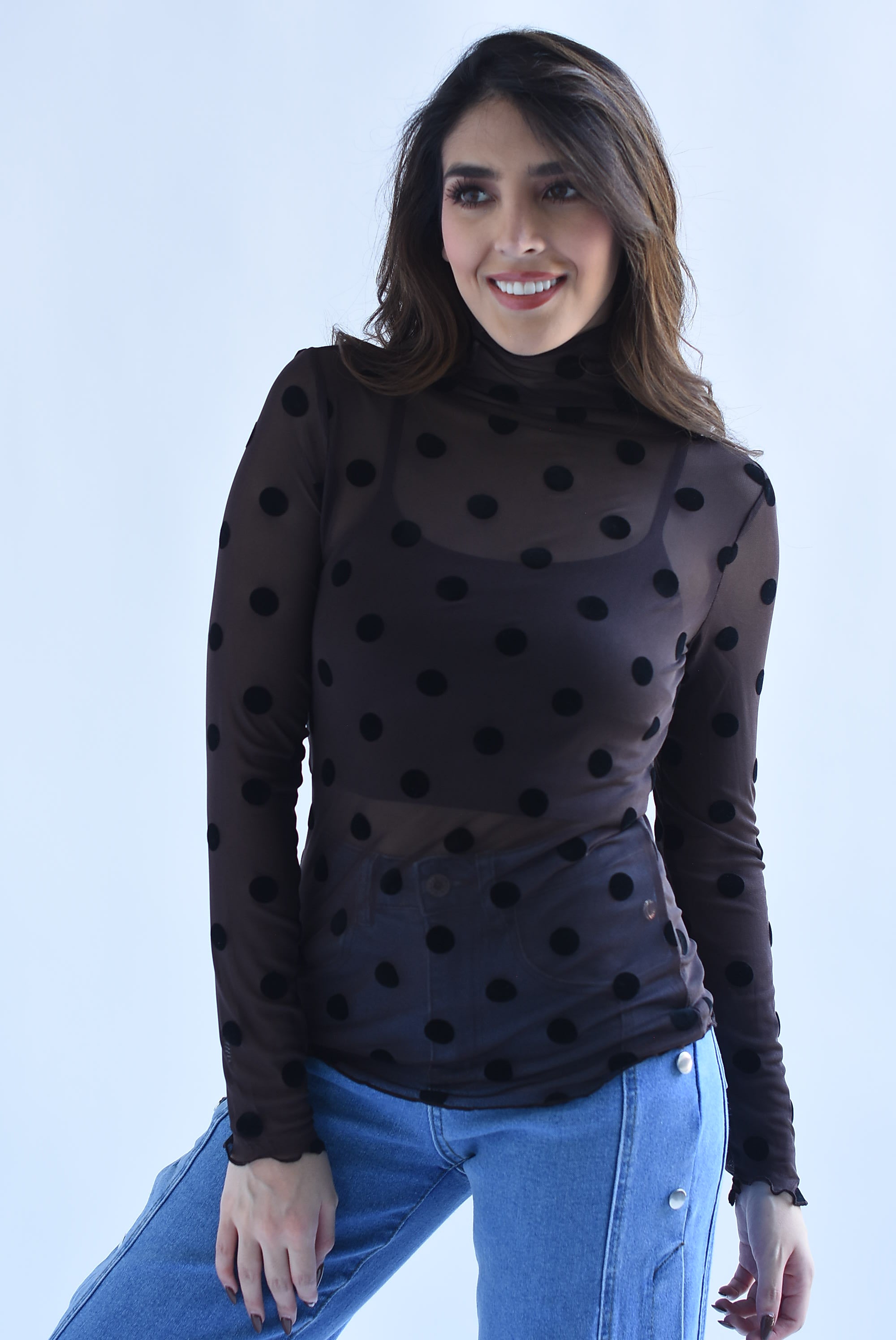 Blusa mesh manga larga polka dots terciopelo