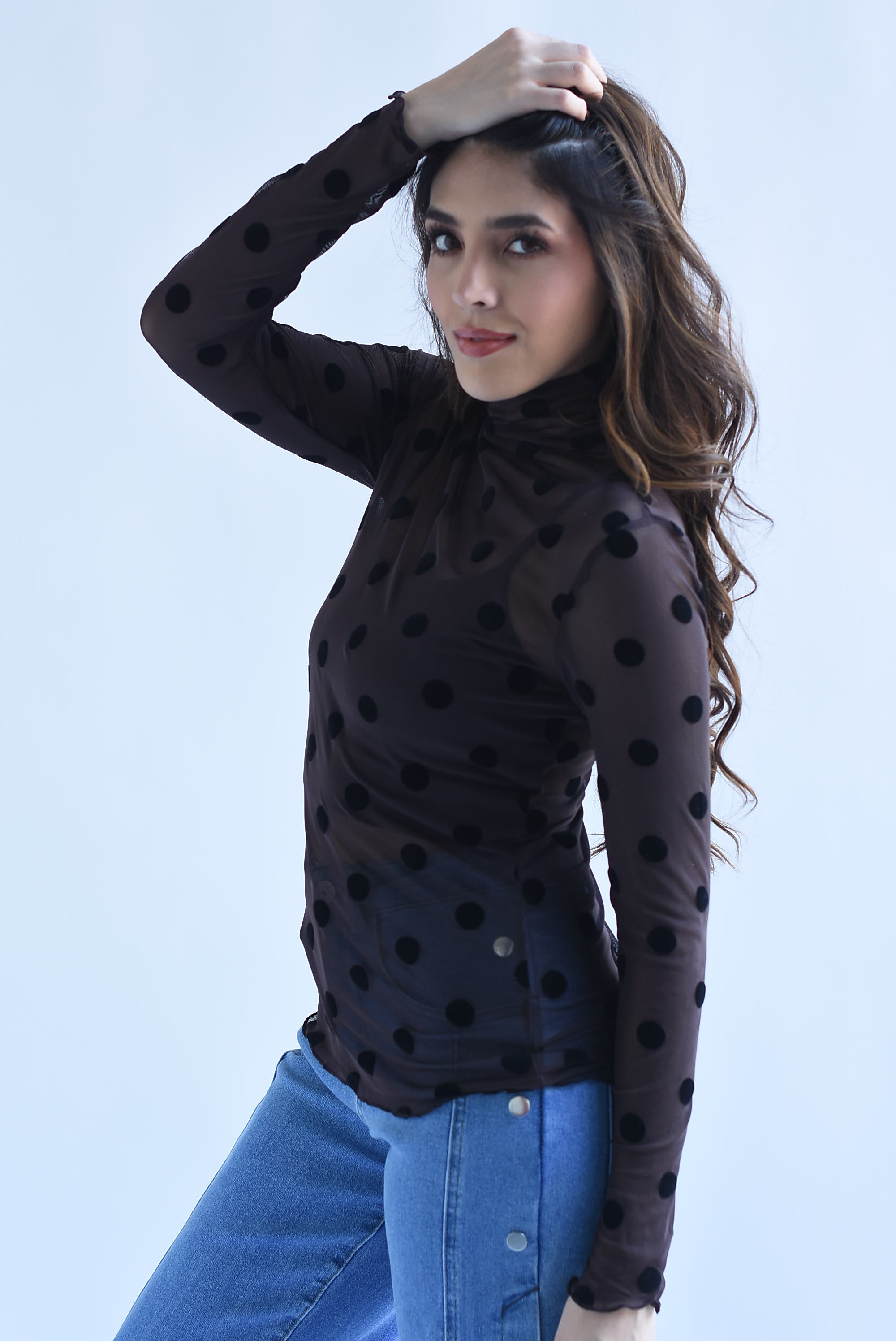 Blusa mesh manga larga polka dots terciopelo