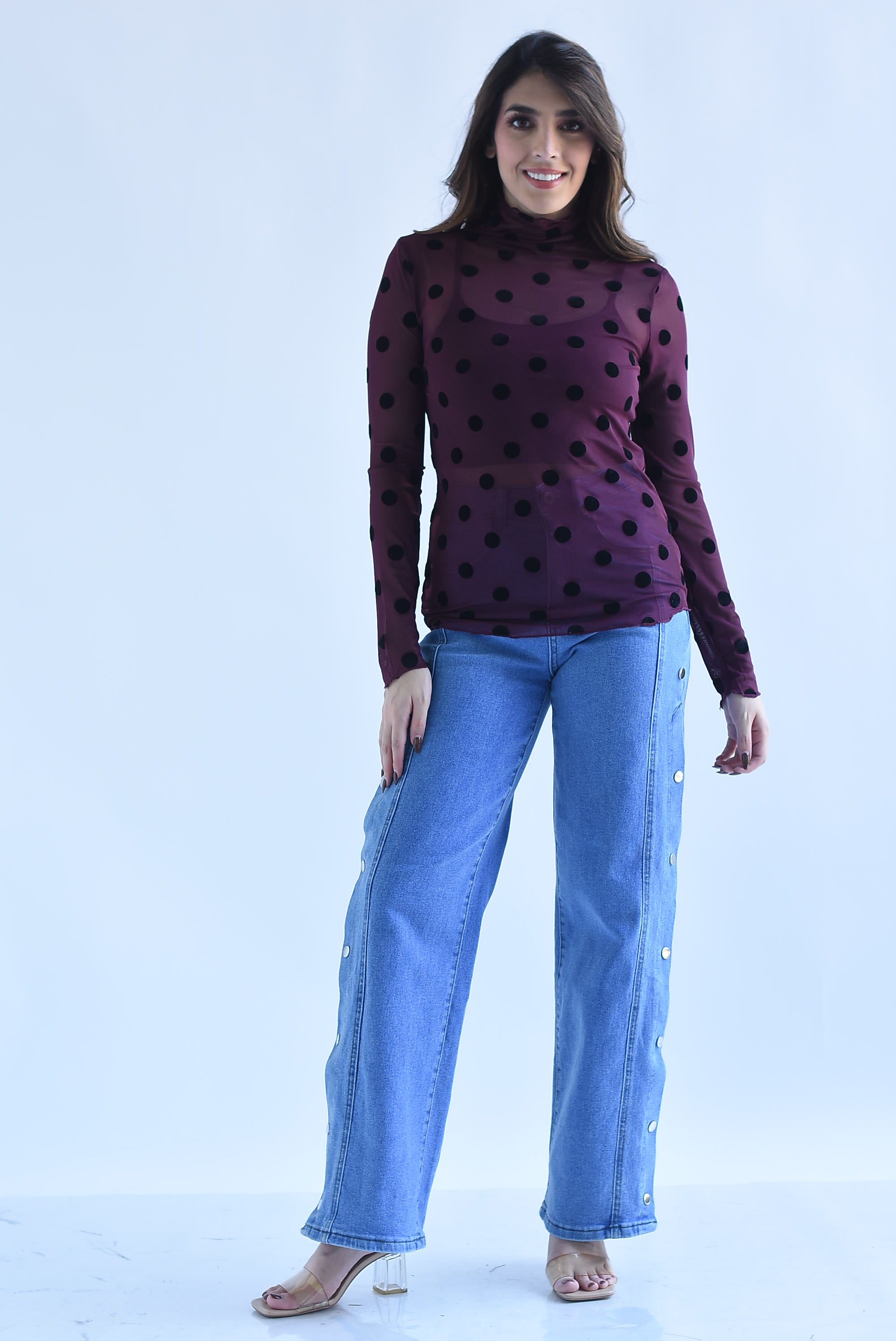 Blusa mesh manga larga polka dots terciopelo