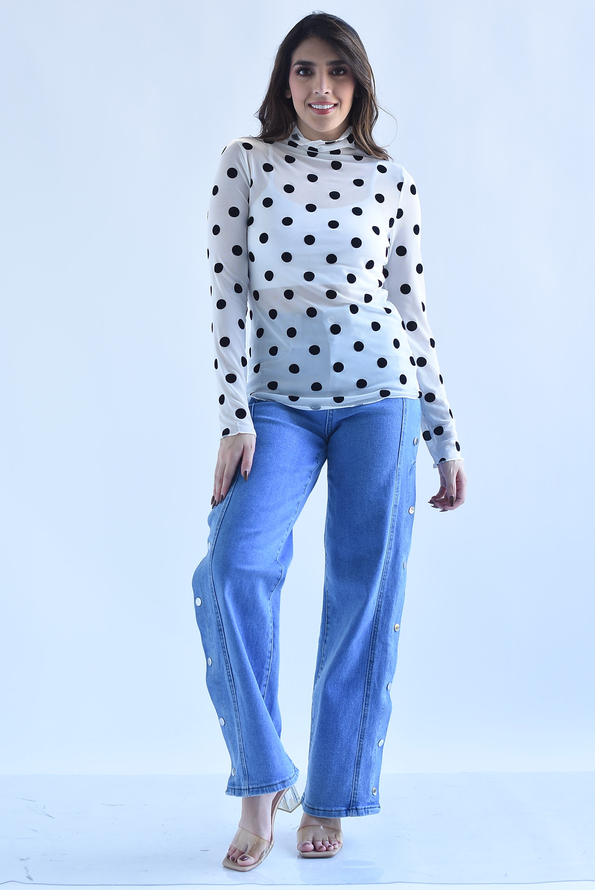 Blusa mesh manga larga polka dots terciopelo