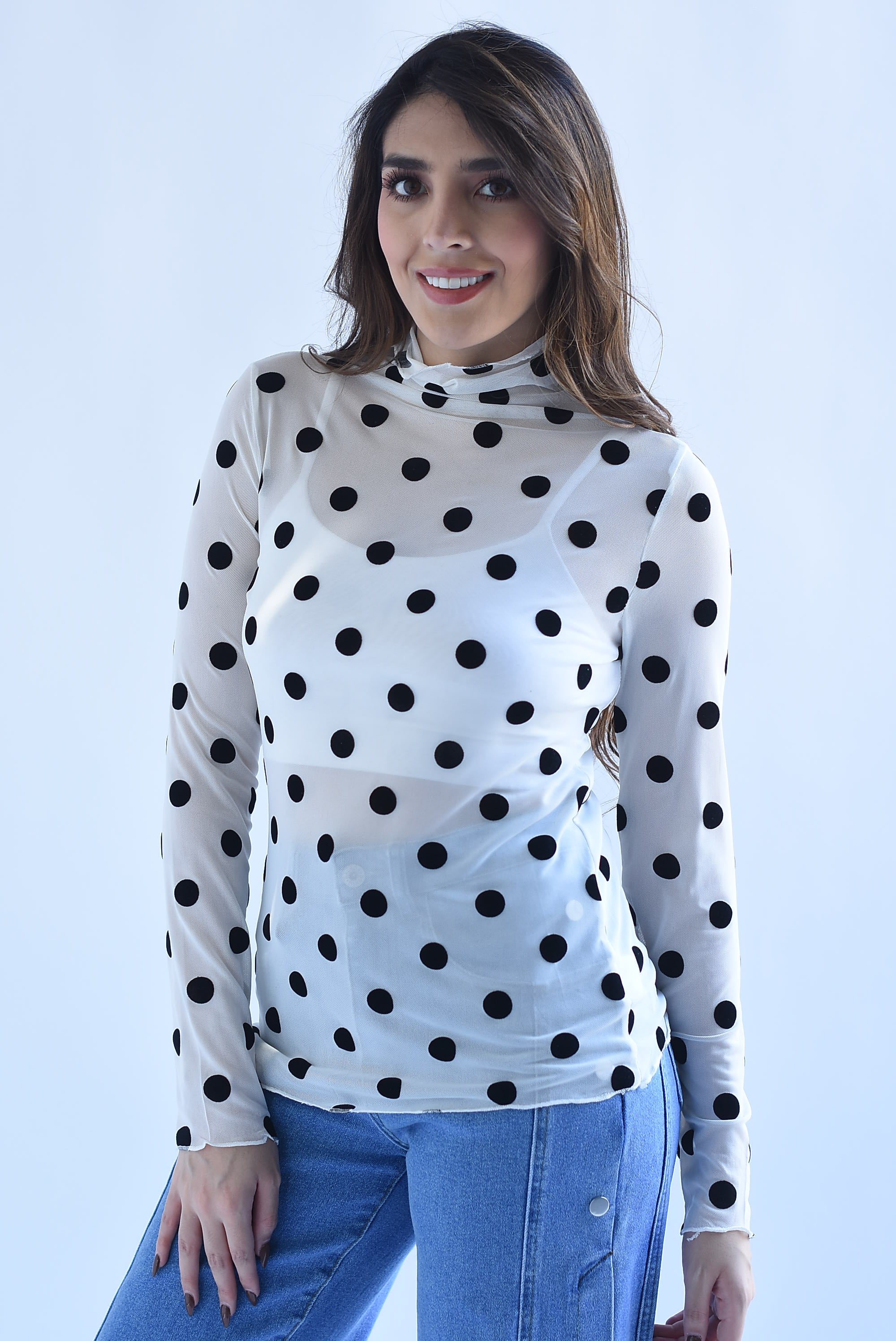 Blusa mesh manga larga polka dots terciopelo