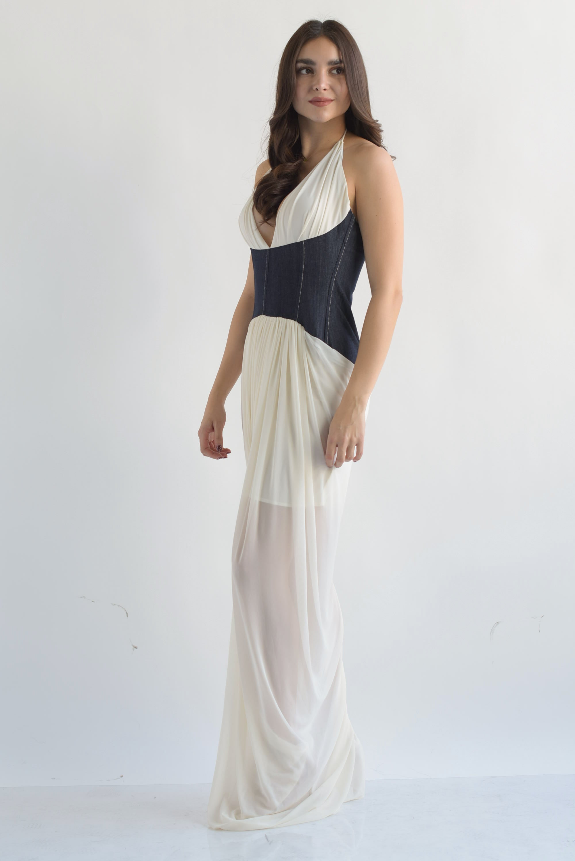 Vestido mesh con corset denim Ivory
