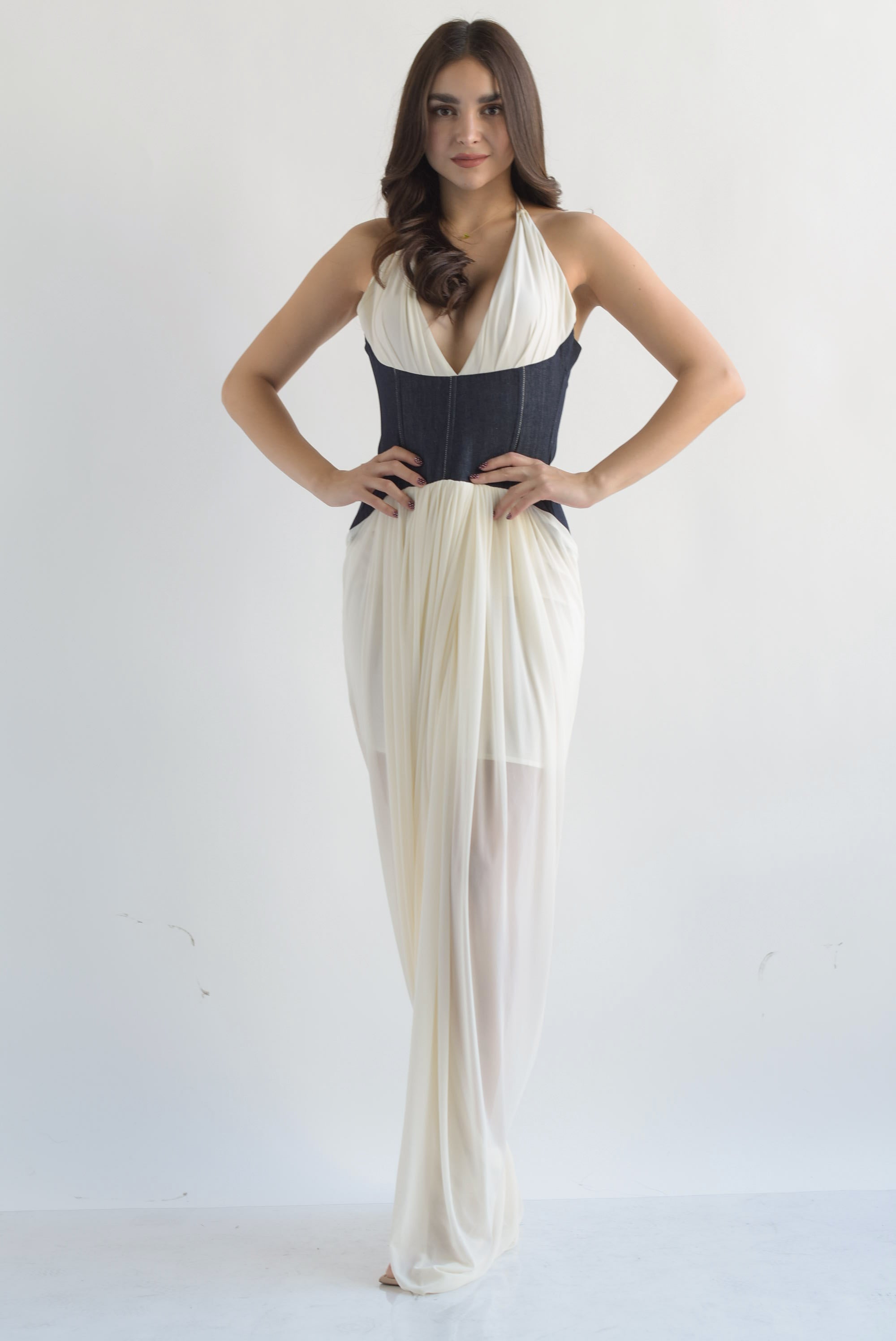 Vestido mesh con corset denim Ivory