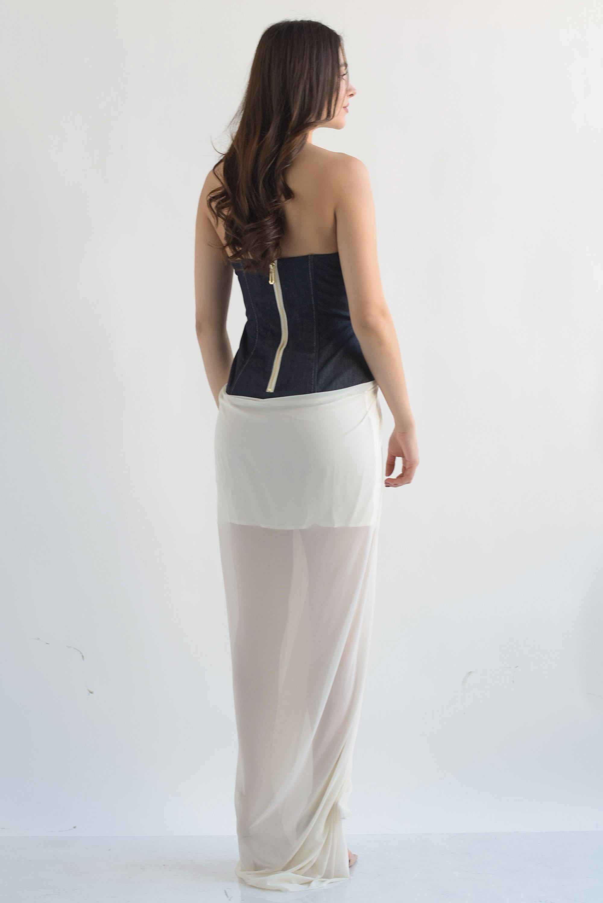 Vestido mesh con corset denim Ivory