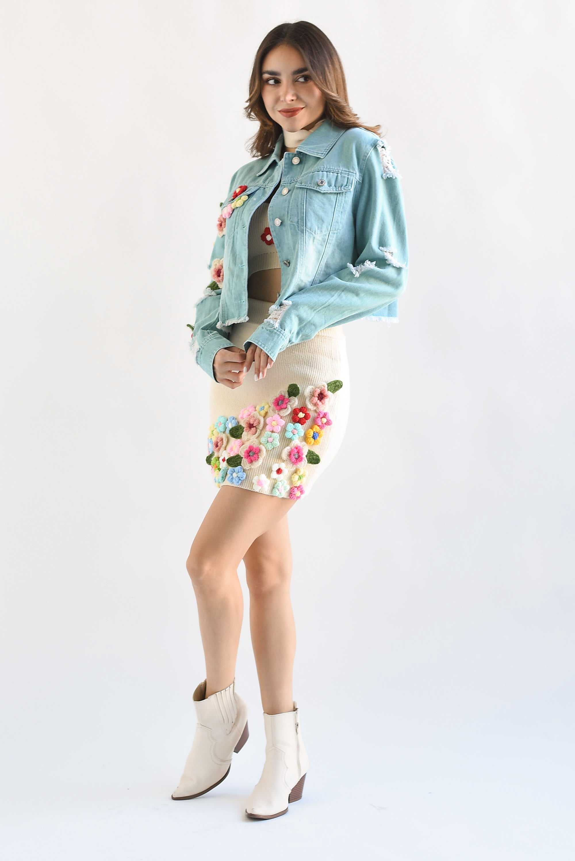 Set de Falda, Top y Chamarra flores crochet