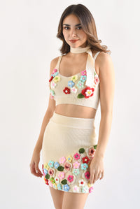 Fashion Styled Set de Falda, Top y Chamarra flores crochet