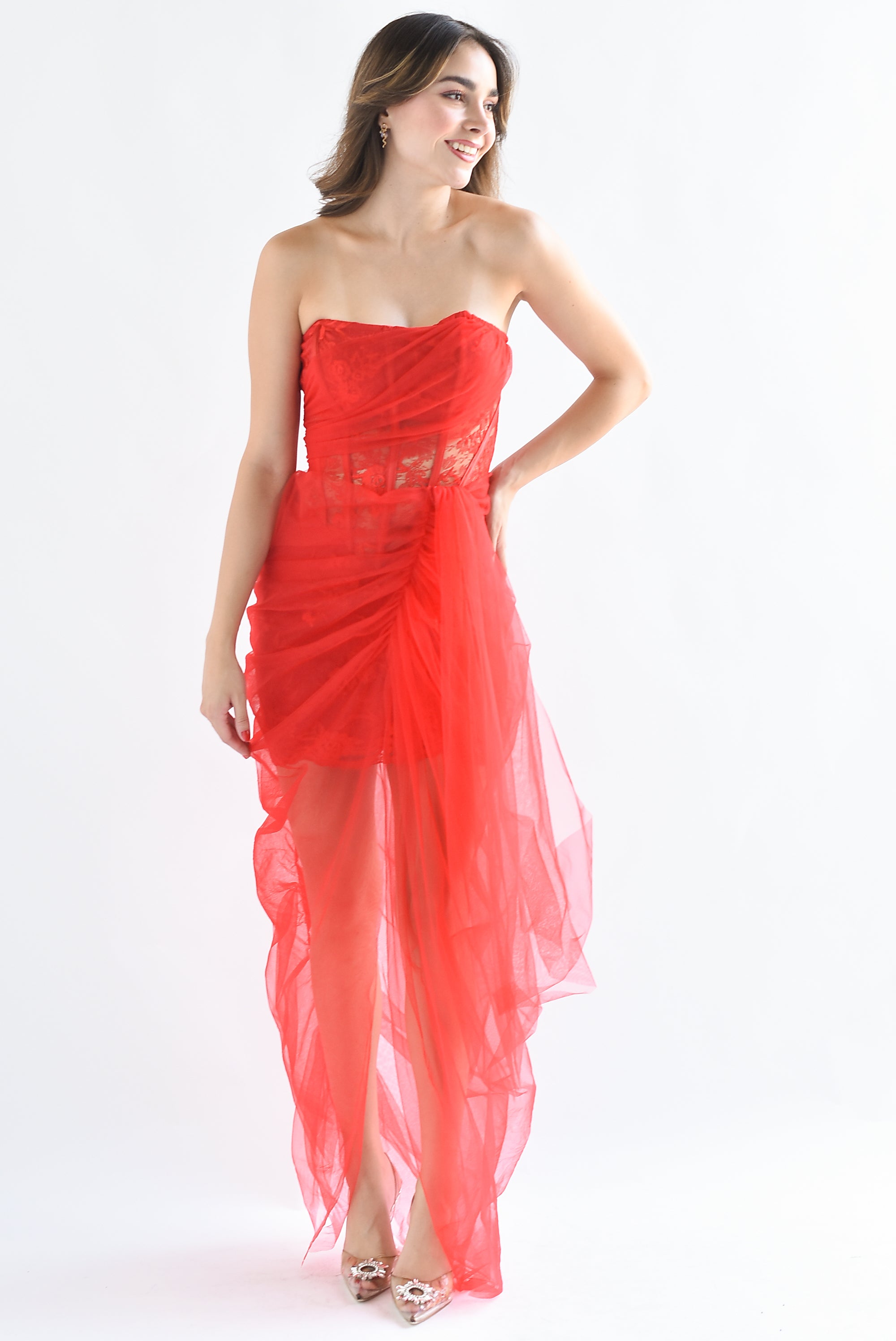 Vestido encaje y tulle Rojo