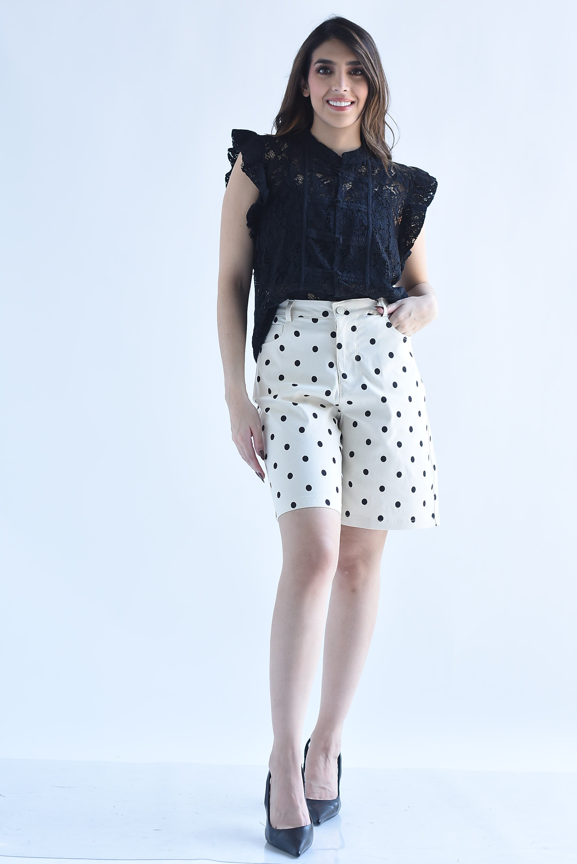 Bermuda wide Denim polka dots