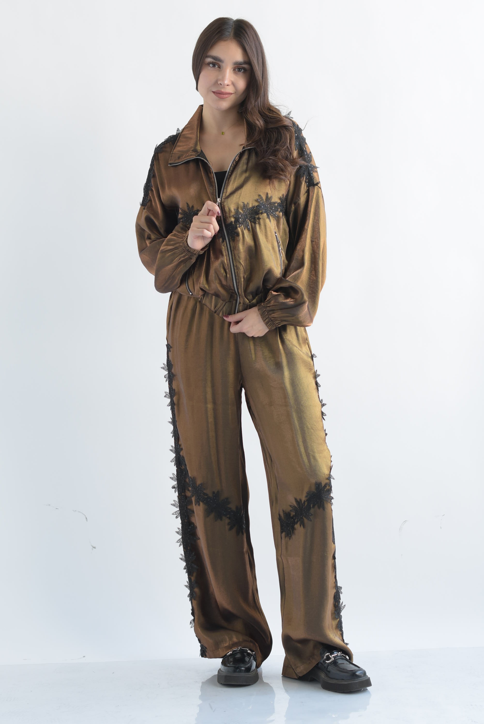 Set Pantalón y Chamarra metalizado tira flores Cobre
