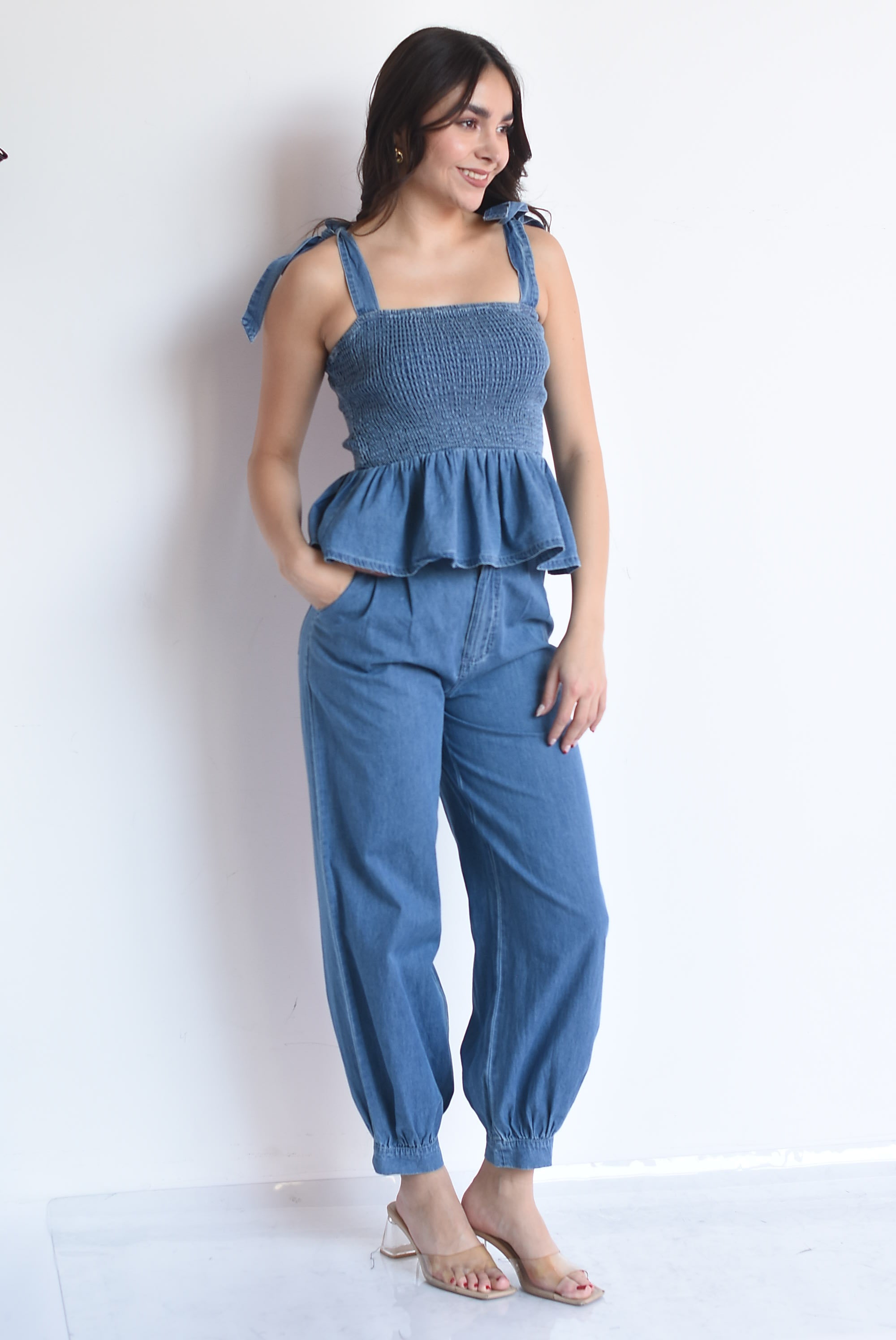 Set Pantalón globo y Top torso elástico denim