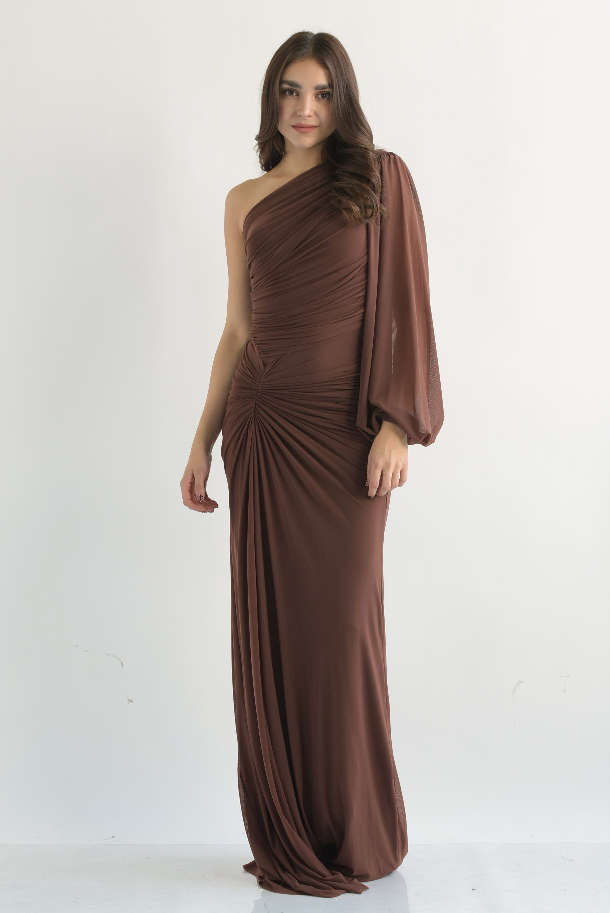 Vestido largo mesh drapeado asimétrico Espresso