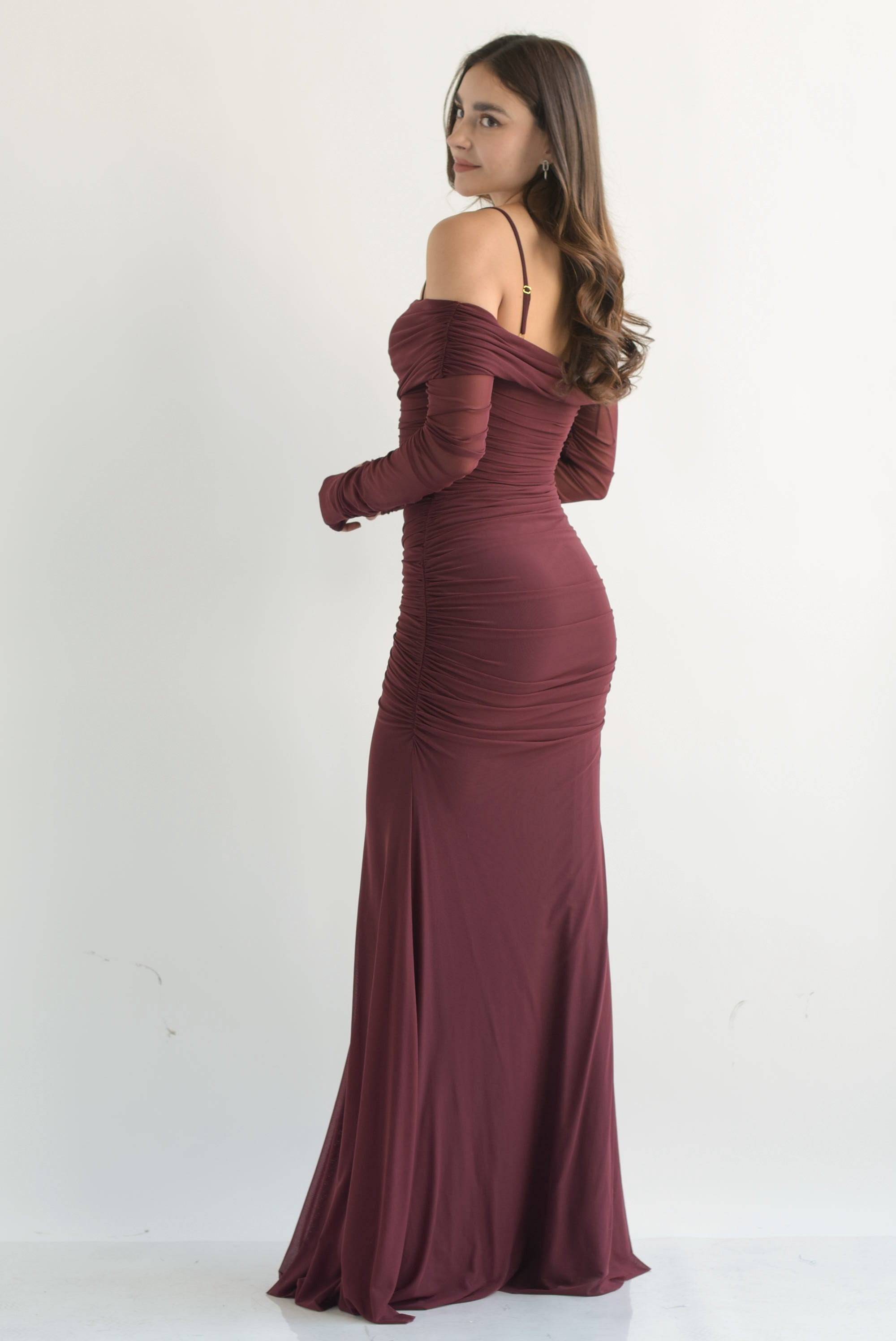 Vestido largo mesh off-shoulder drapeado Vino