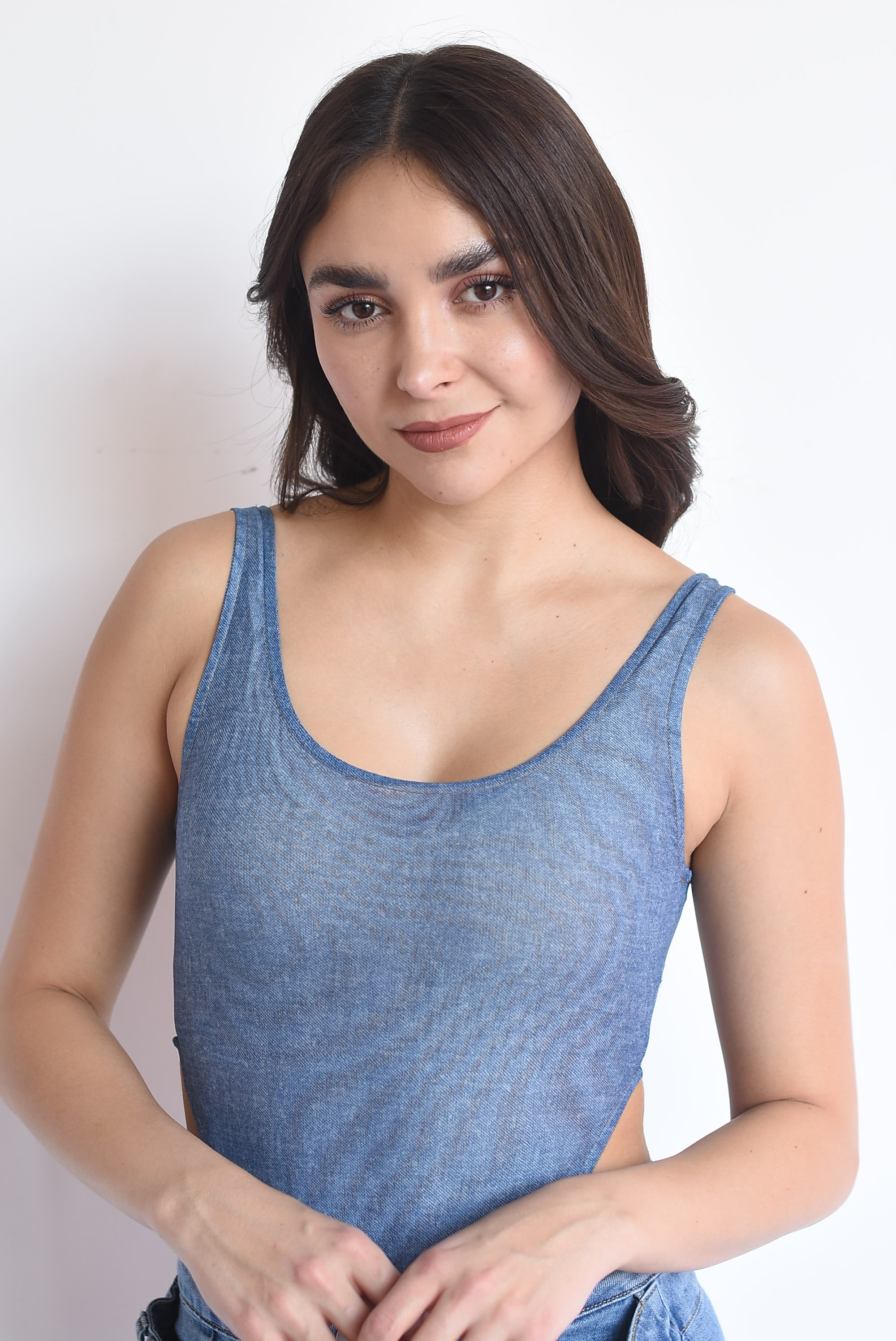 Body mesh tiro alto fake denim