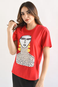 Fashion Styled T-Shirt rostro aretes y collarín Rojo