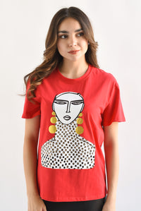 Fashion Styled T-Shirt rostro aretes y collarín Rojo