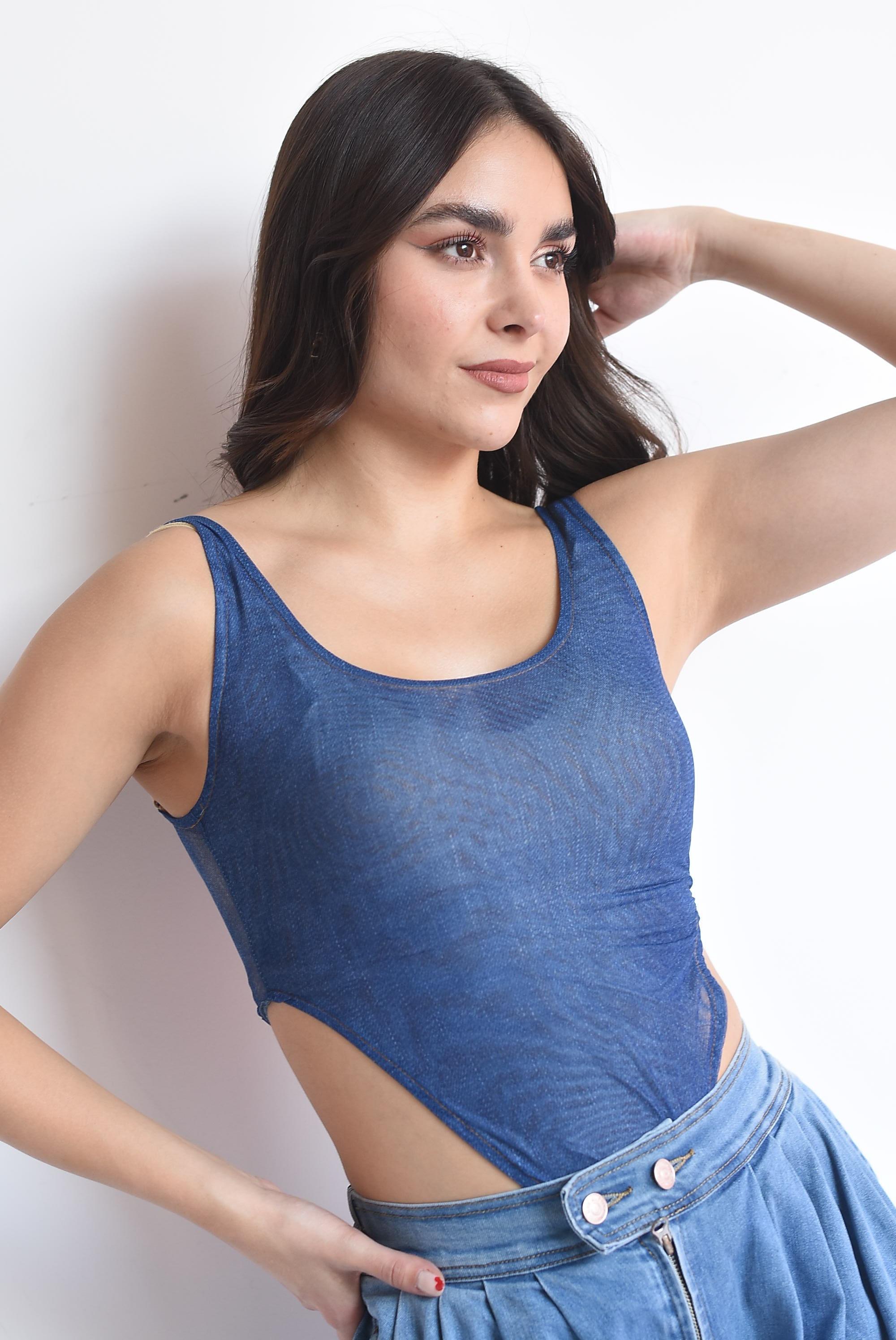 Body mesh tiro alto fake denim