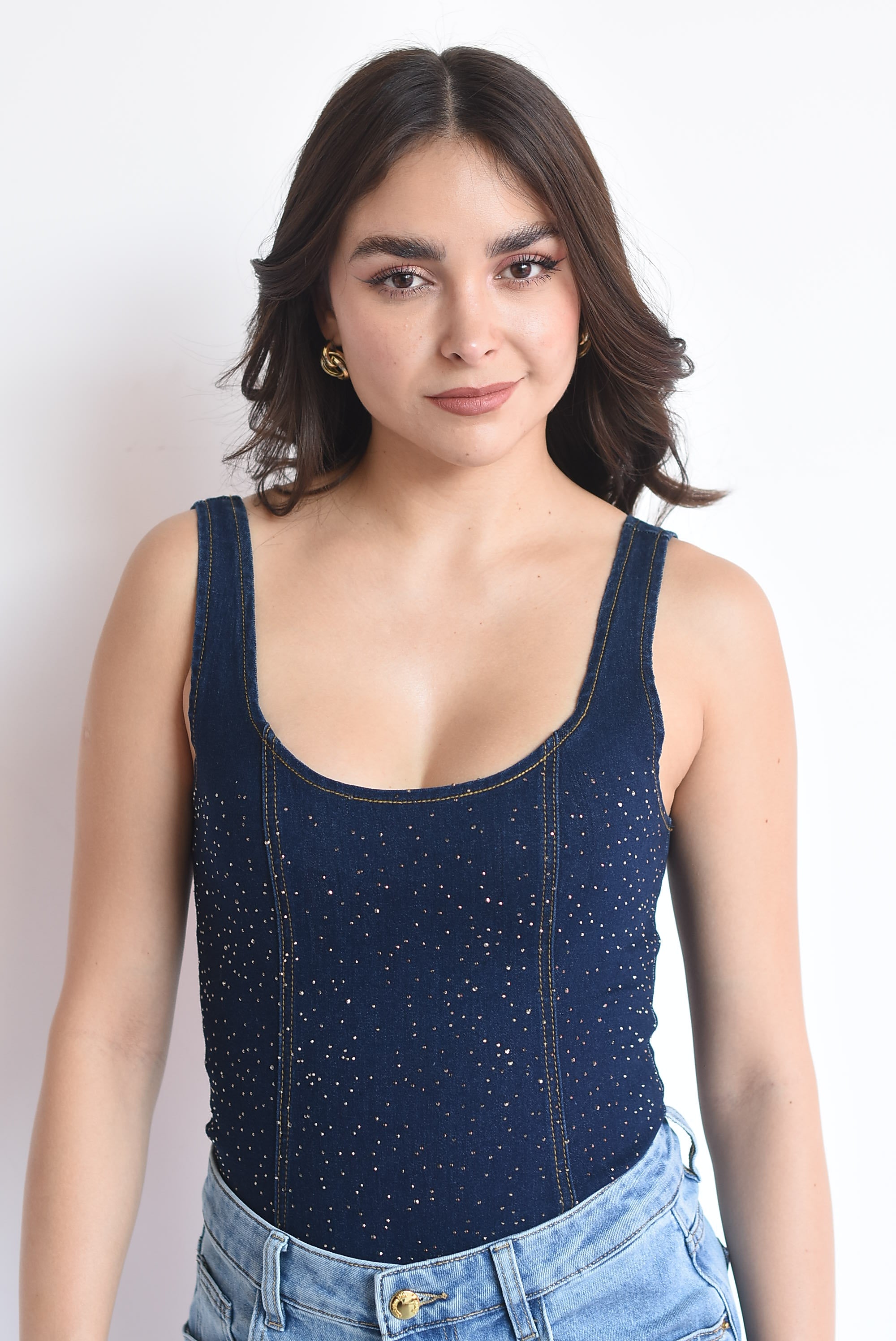 Body denim tirantes brillos