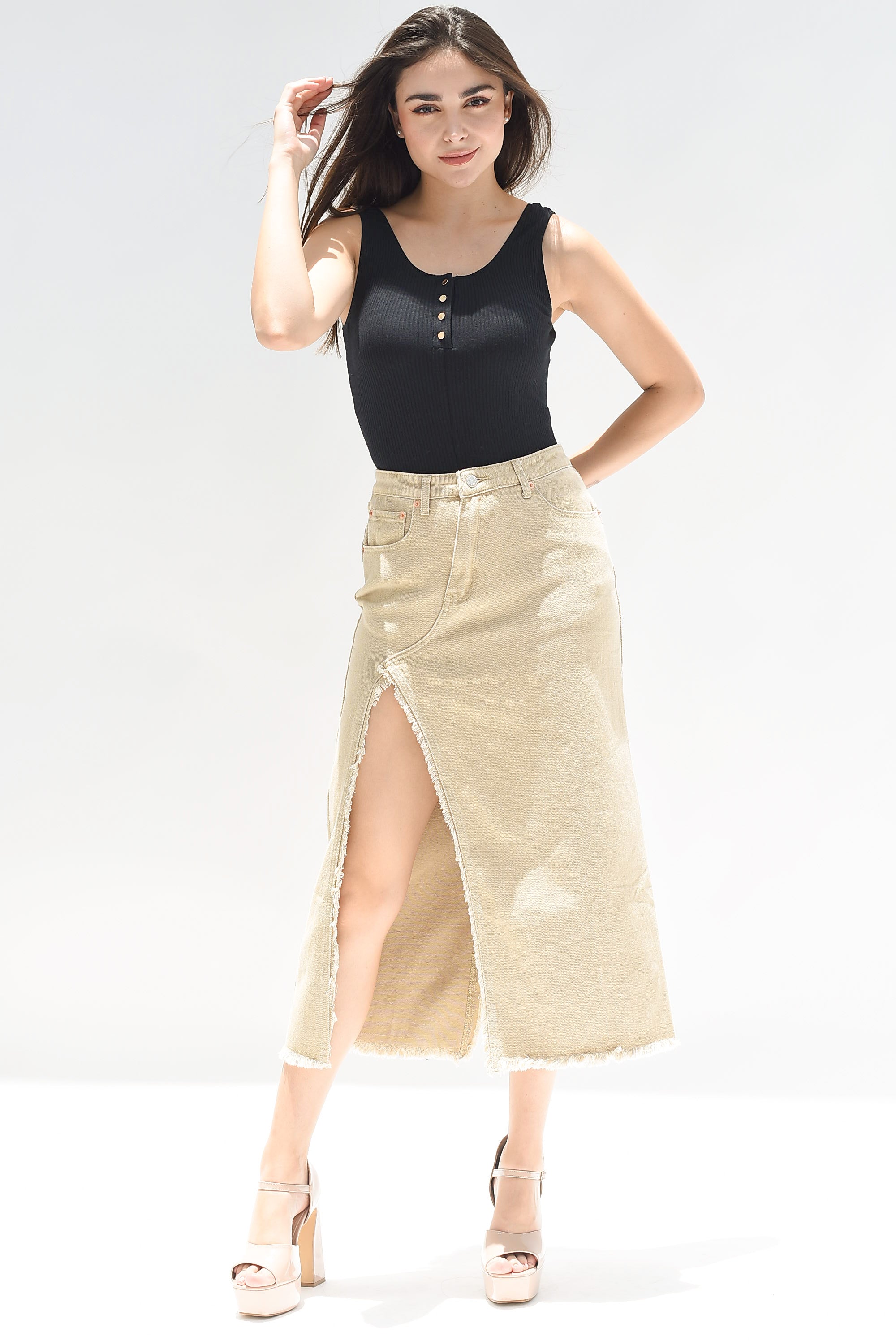 Falda denim abertura Kaki