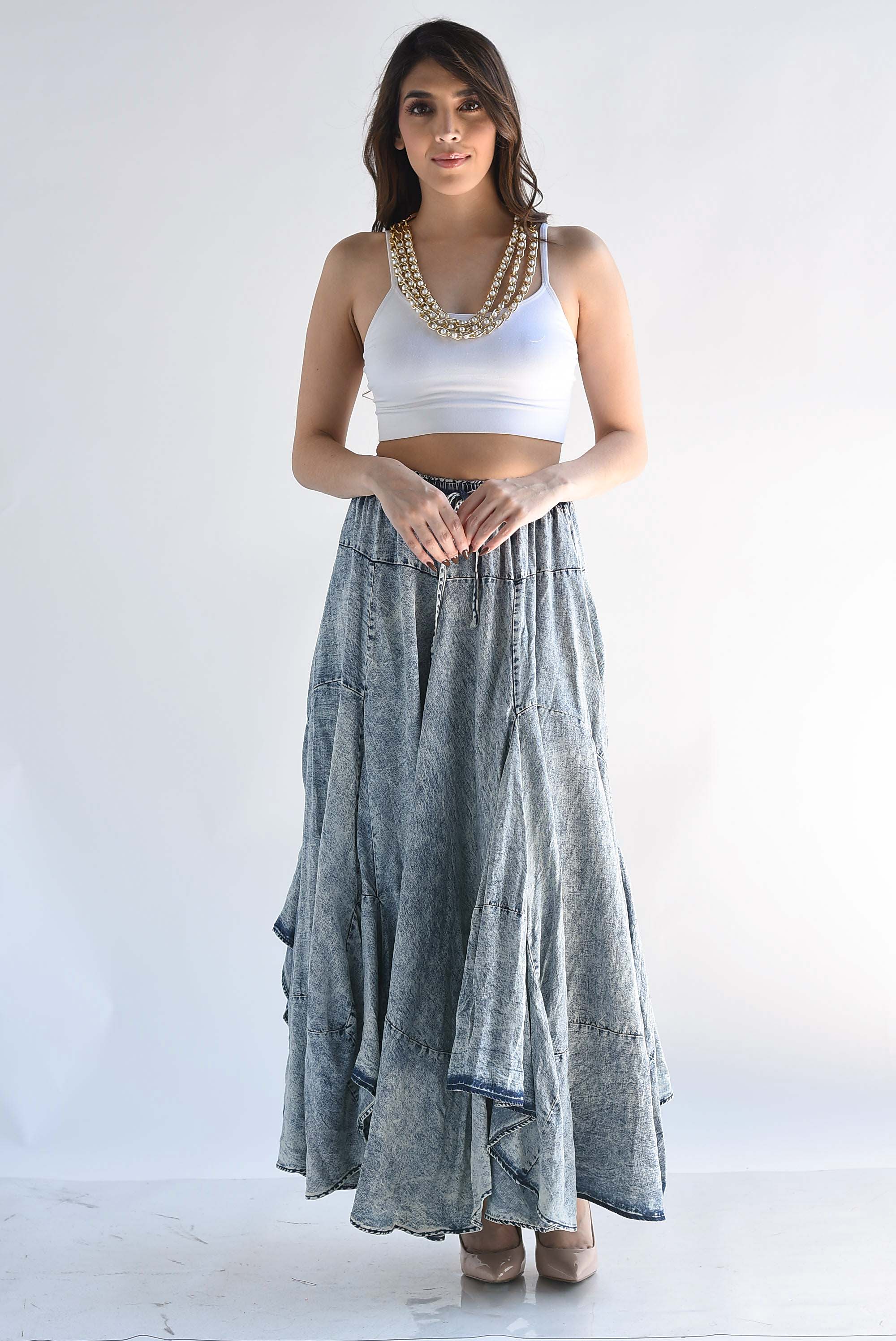 Maxi Falda Denim asimétrica acidwash