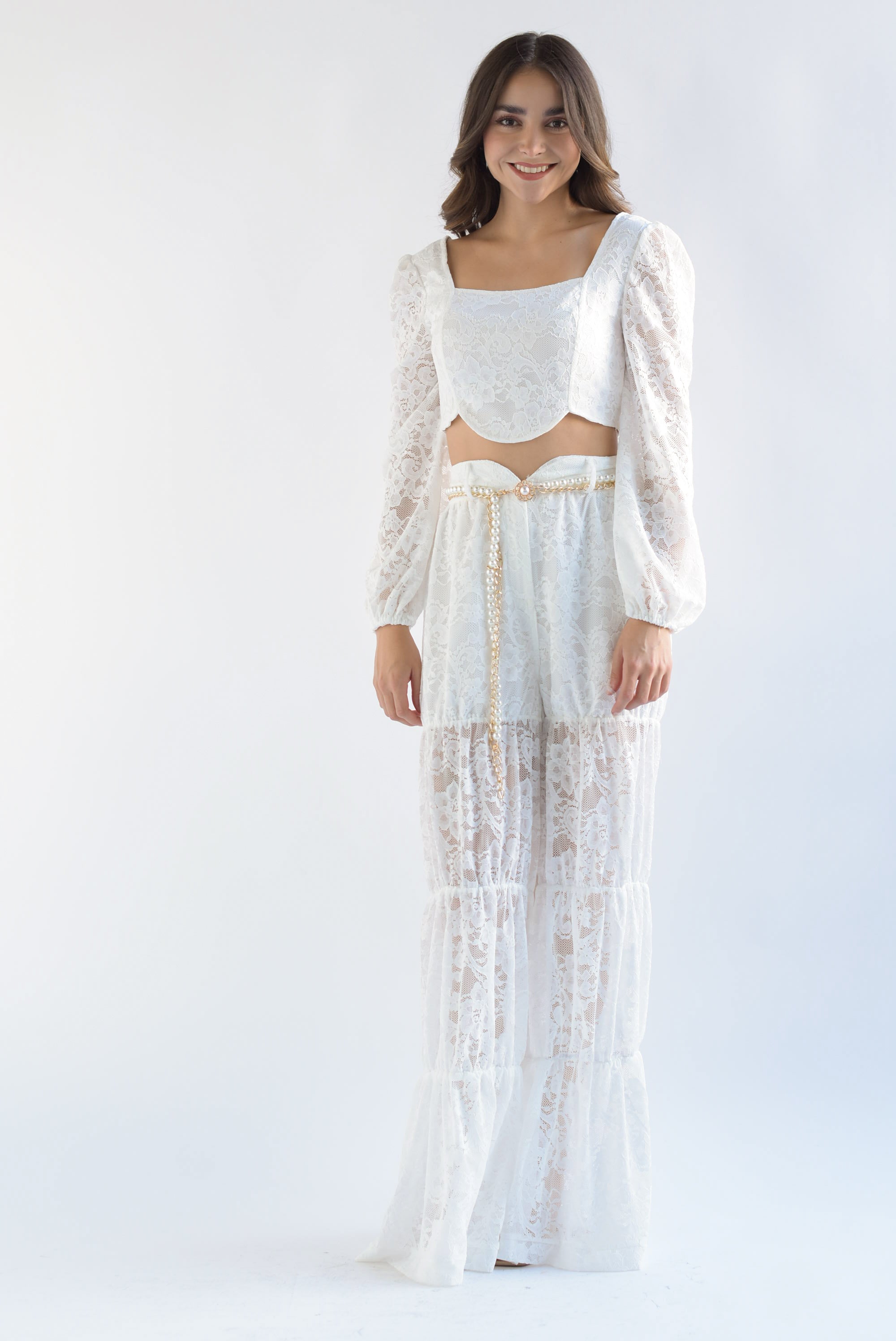 Set Pantalón y Top cinturón perlas encaje Blanco