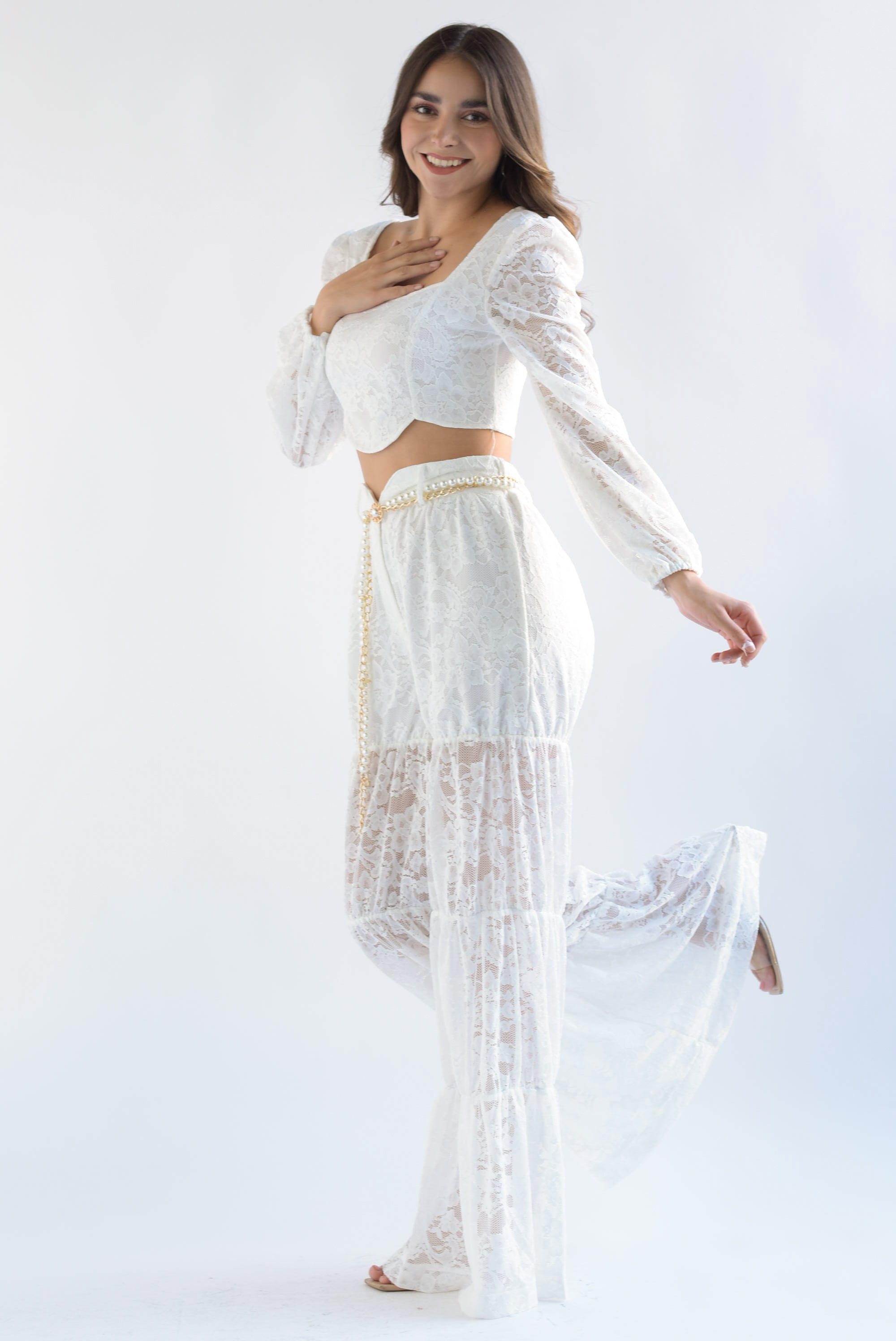 Set Pantalón y Top cinturón perlas encaje Blanco