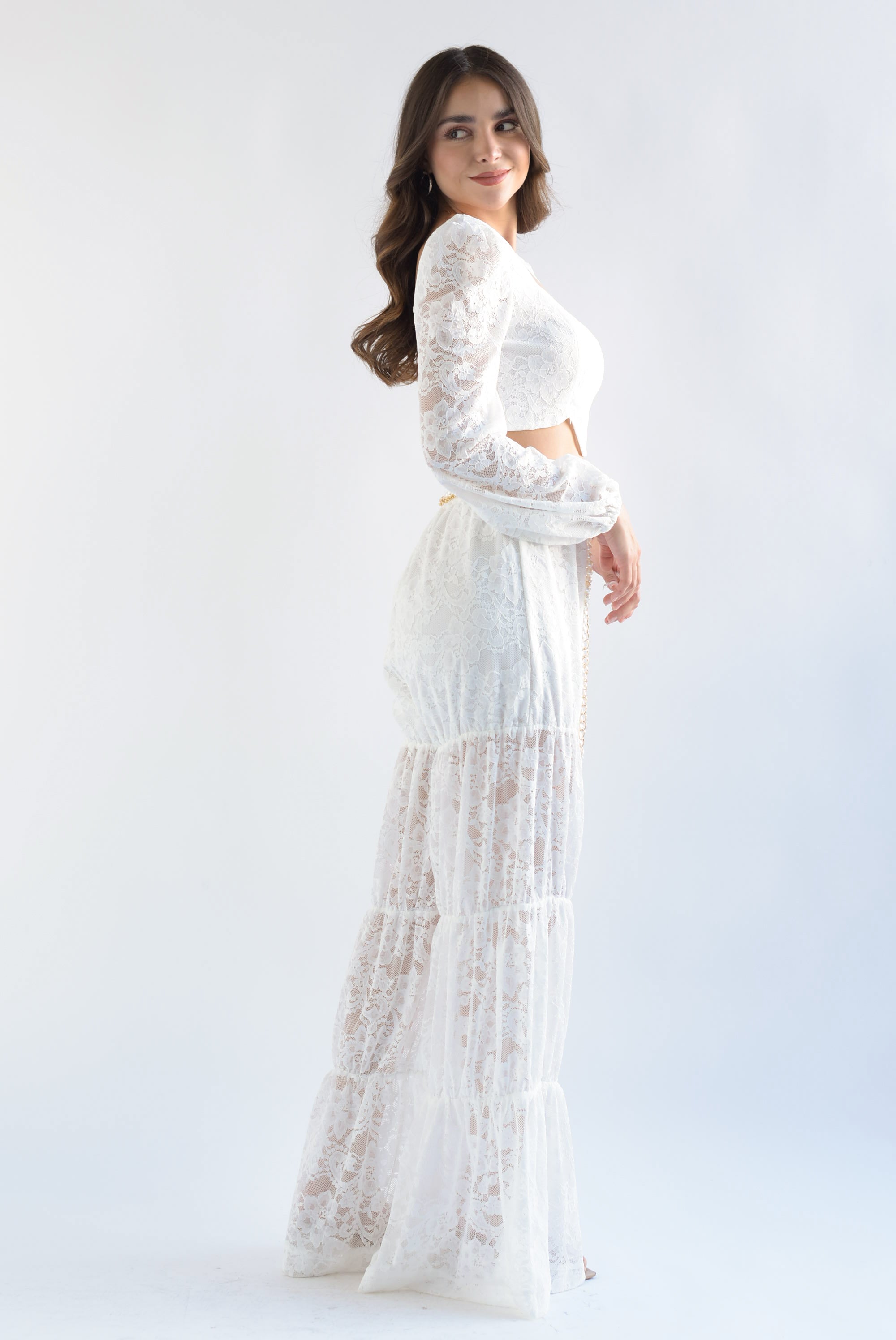 Set Pantalón y Top cinturón perlas encaje Blanco