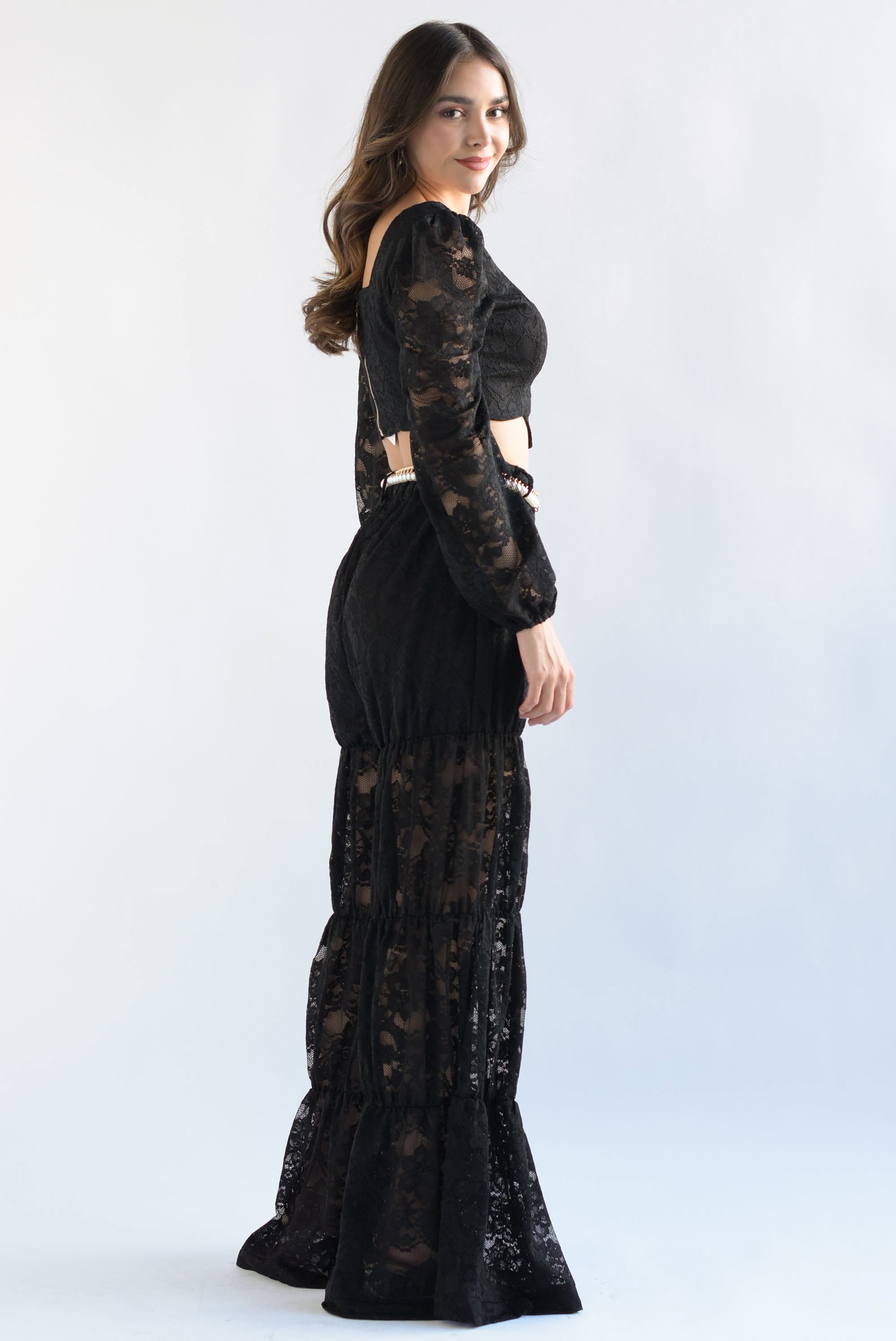 Set Pantalón y Top cinturón perlas encaje Negro