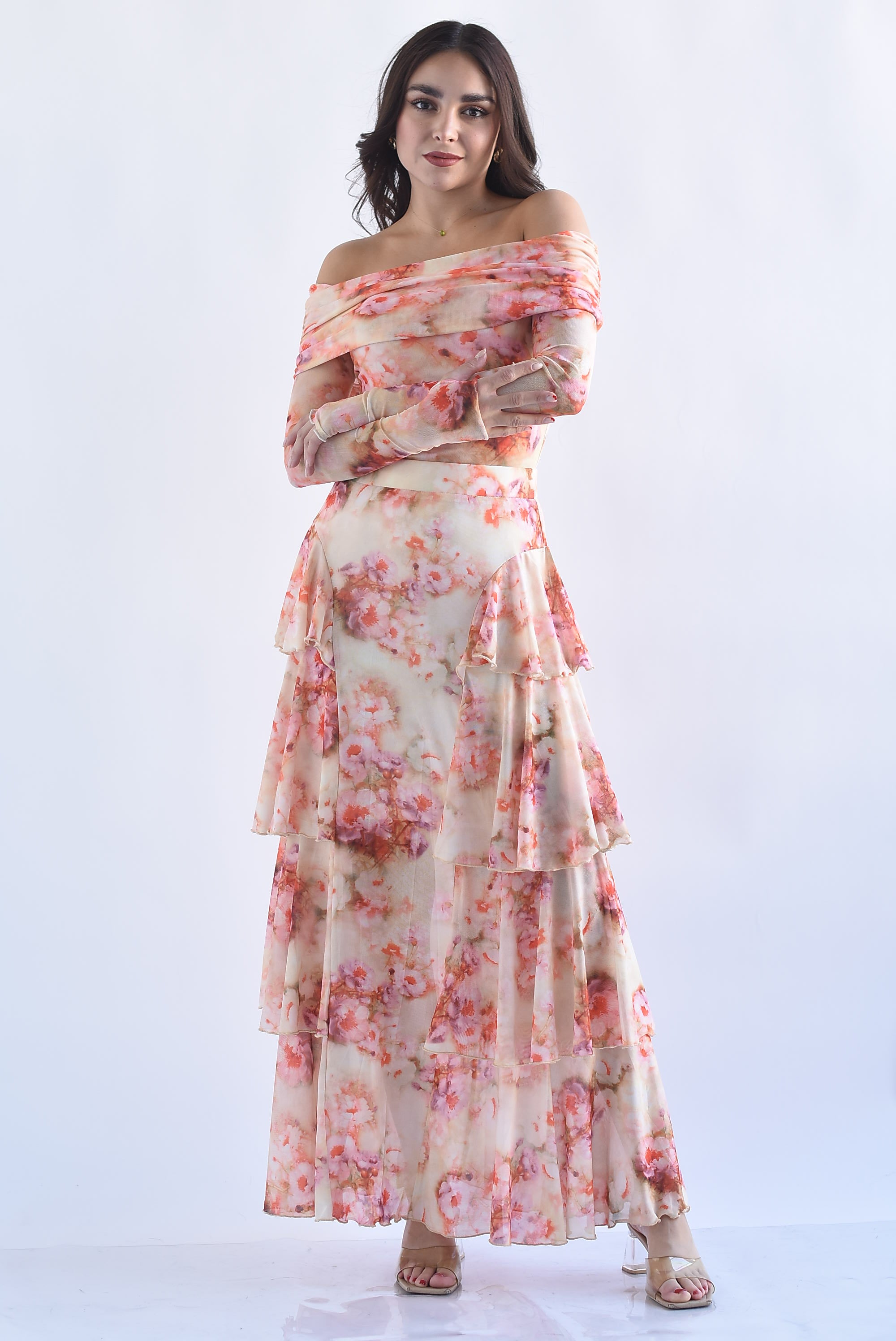 Set Falda olanes y Body mesh off-shoulder flores