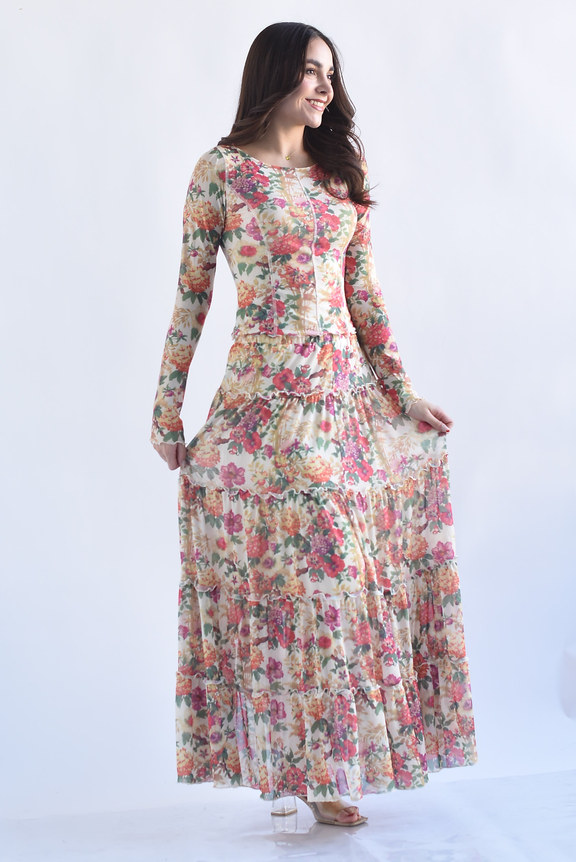 Set Falda olanes y Blusa mesh costuras flores