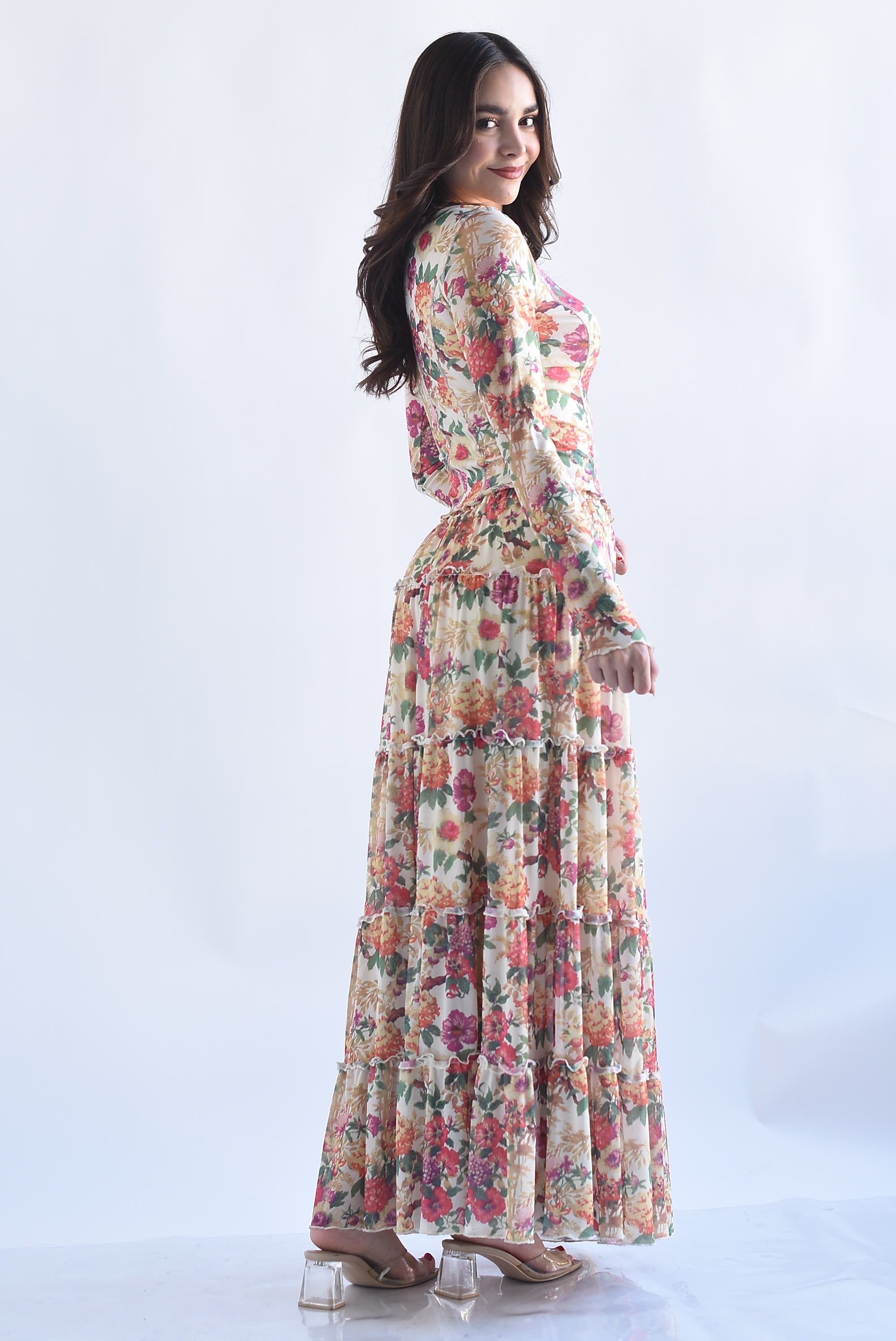 Set Falda olanes y Blusa mesh costuras flores